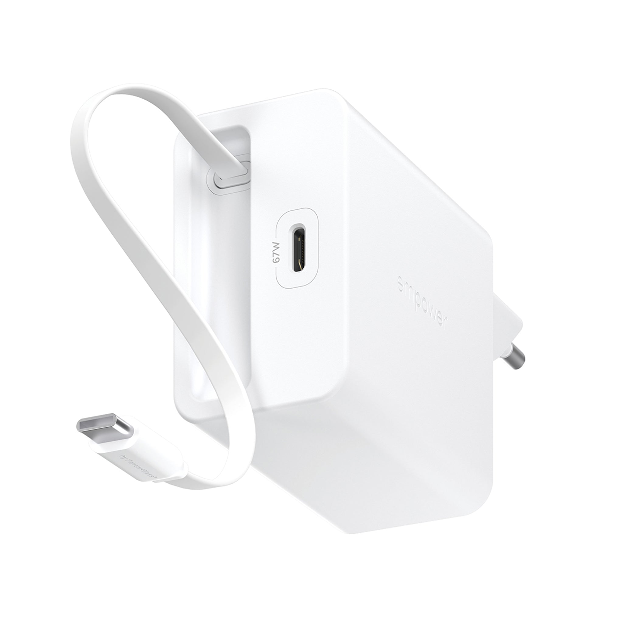 empower™ by PanzerGlass® Turbo 67W Retractable Cable Guy Oplader inkl. USB-C Kabel | EU Stik | Silver White