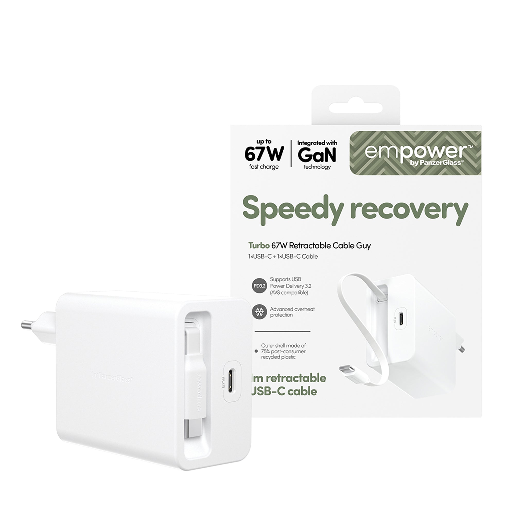 empower™ by PanzerGlass® Turbo 67W Retractable Cable Guy Oplader inkl. USB-C Kabel | EU Stik | Silver White
