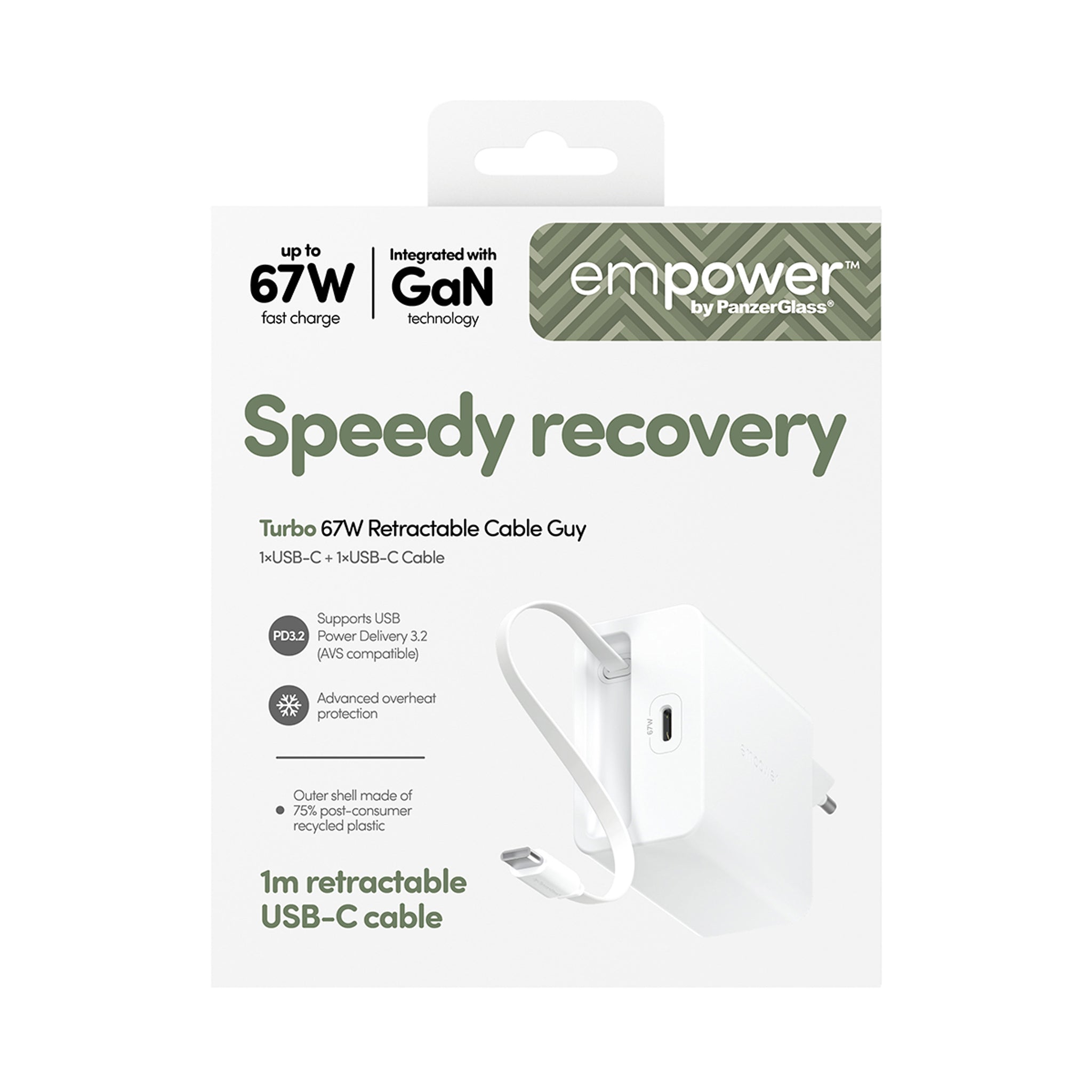 empower™ by PanzerGlass® Turbo 67W Retractable Cable Guy Oplader inkl. USB-C Kabel | EU Stik | Silver White