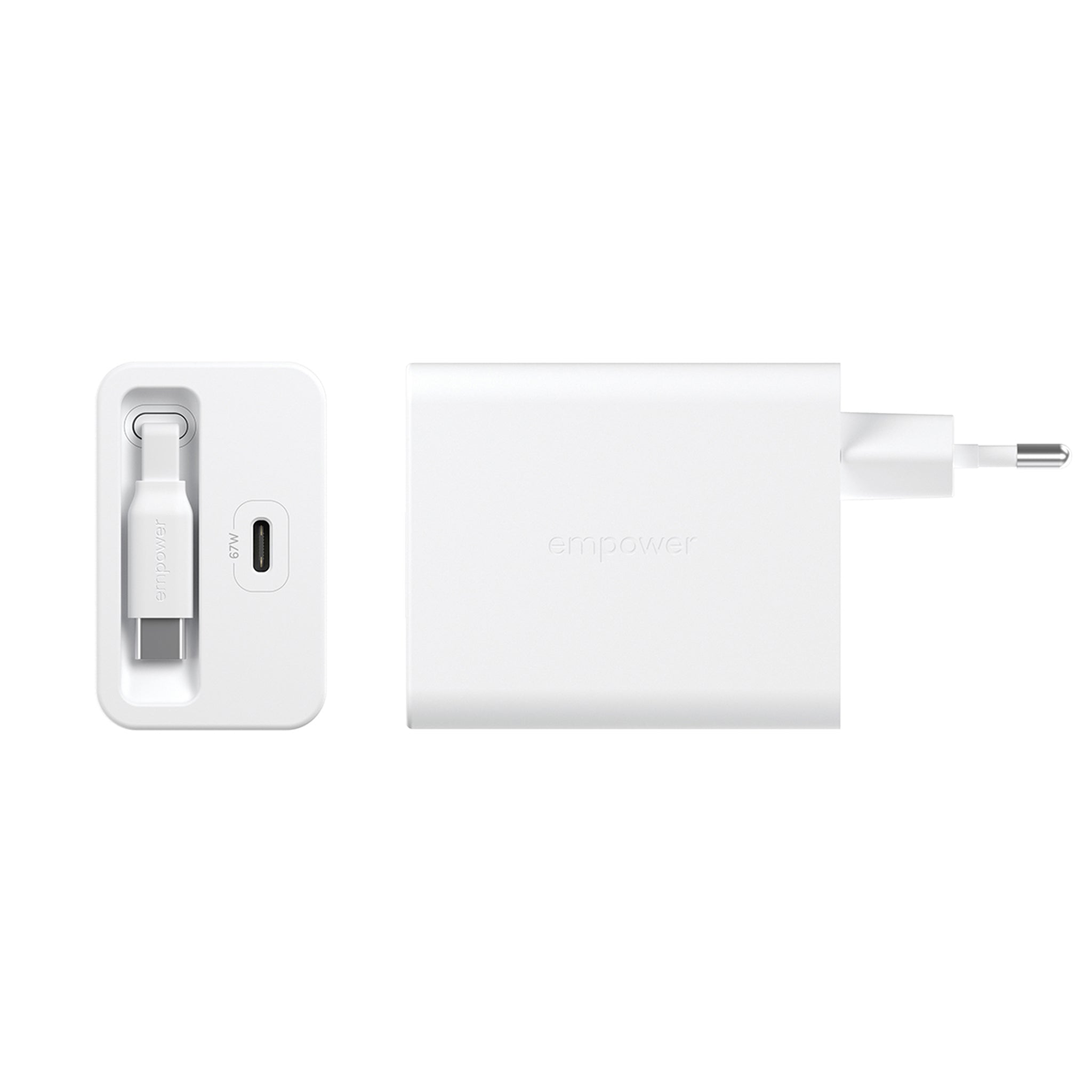 empower™ by PanzerGlass® Turbo 67W Retractable Cable Guy Oplader inkl. USB-C Kabel | EU Stik | Silver White