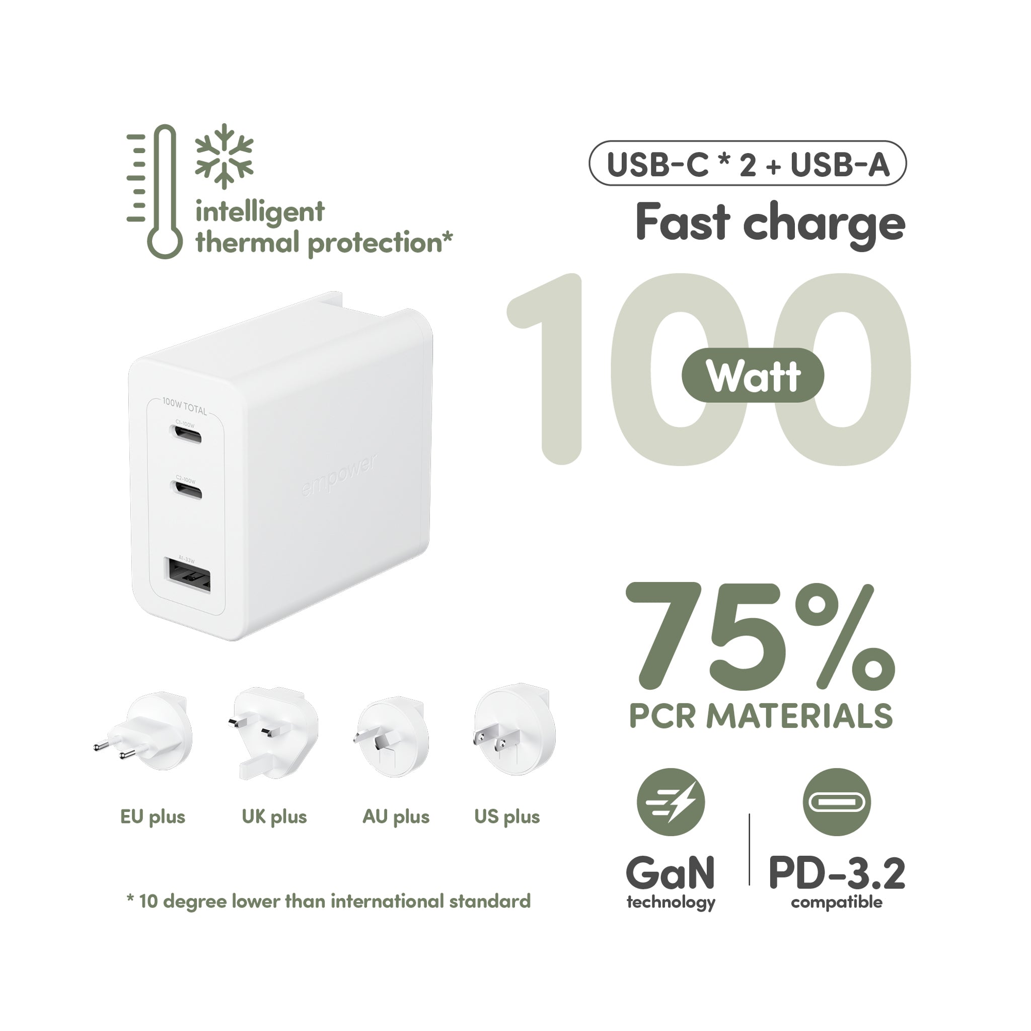 empower™ by PanzerGlass® Turbo 100W World Travel Adaptor inkl. 2 x USB-C + USB-A | Silver White