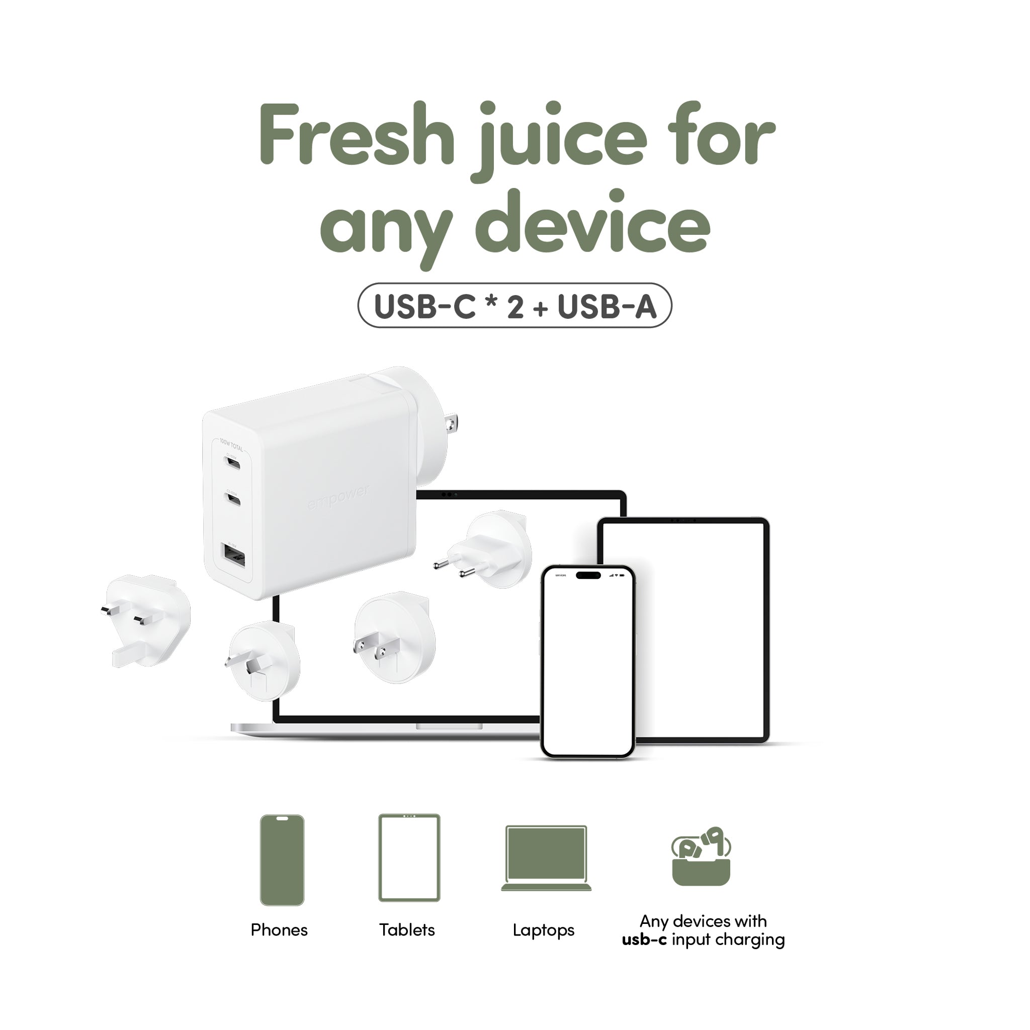 empower™ by PanzerGlass® Turbo 100W World Travel Adaptor inkl. 2 x USB-C + USB-A | Silver White