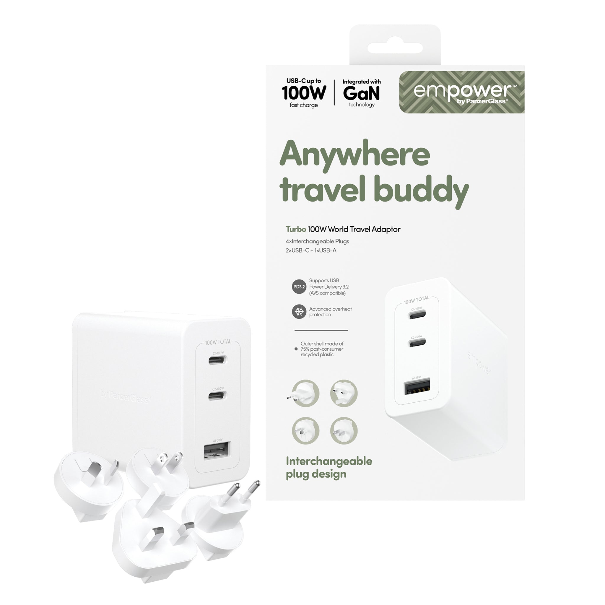 empower™ by PanzerGlass® Turbo 100W World Travel Adaptor inkl. 2 x USB-C + USB-A | Silver White