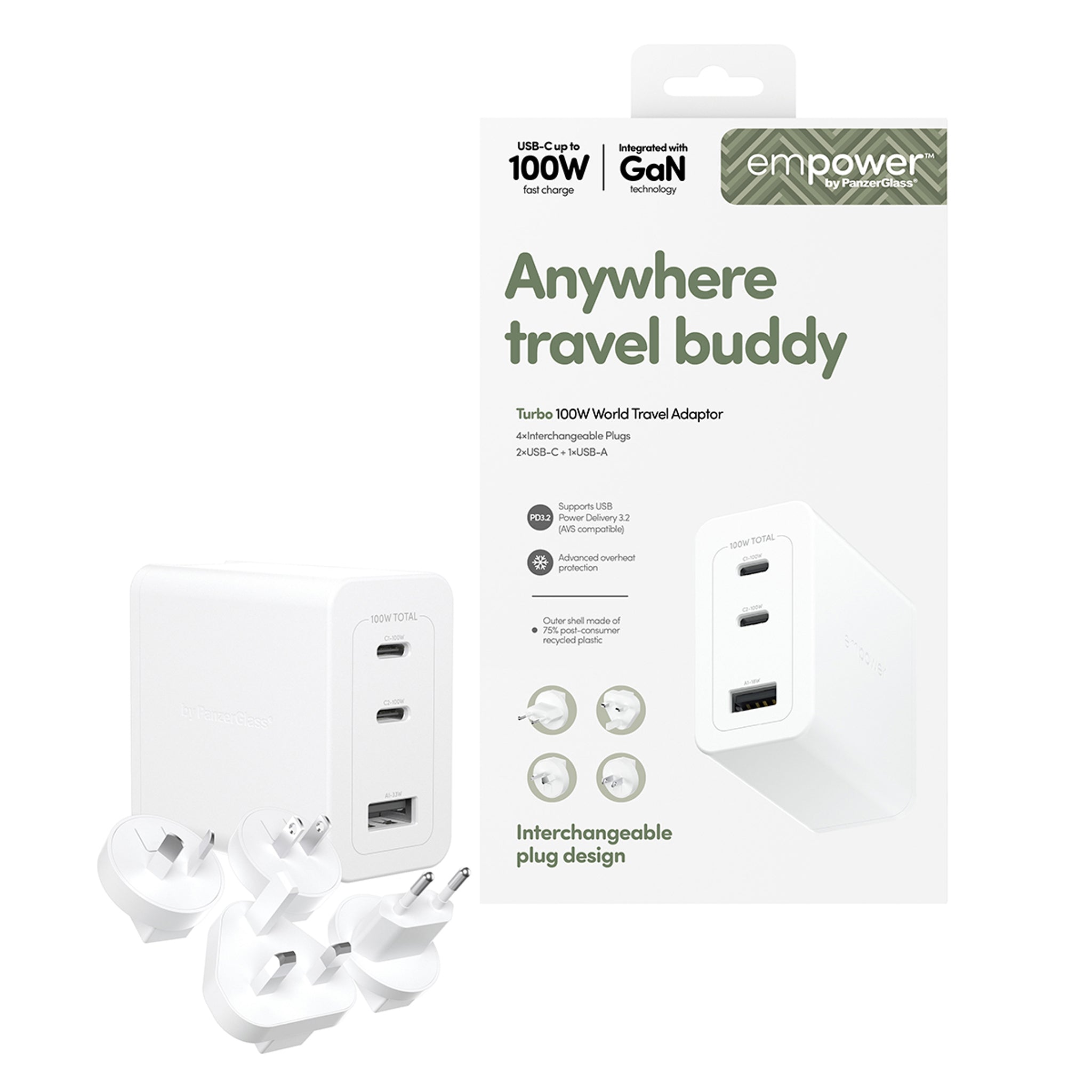 empower™ by PanzerGlass® Turbo 100W World Travel Adaptor inkl. 2 x USB-C + USB-A | Silver White