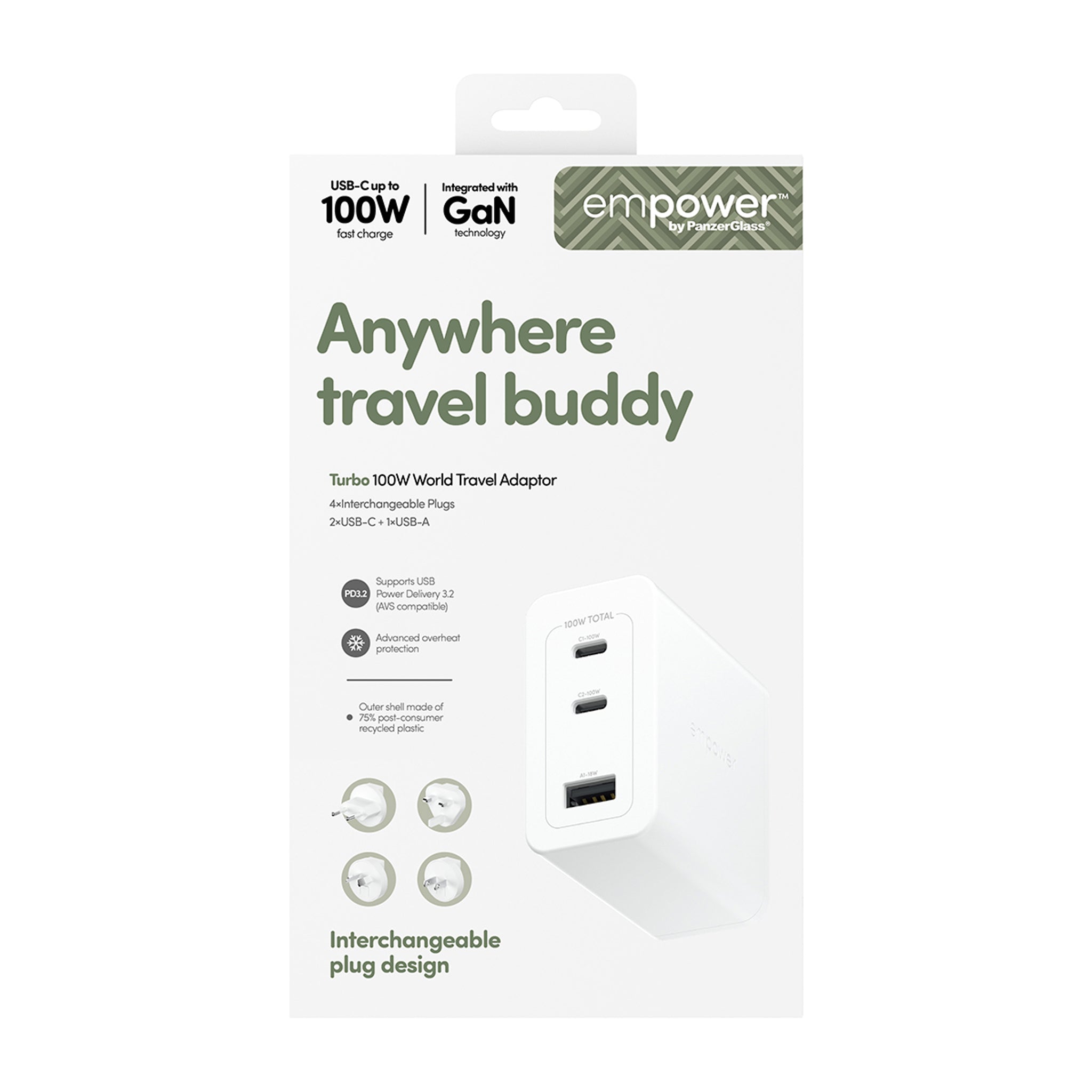 empower™ by PanzerGlass® Turbo 100W World Travel Adaptor inkl. 2 x USB-C + USB-A | Silver White