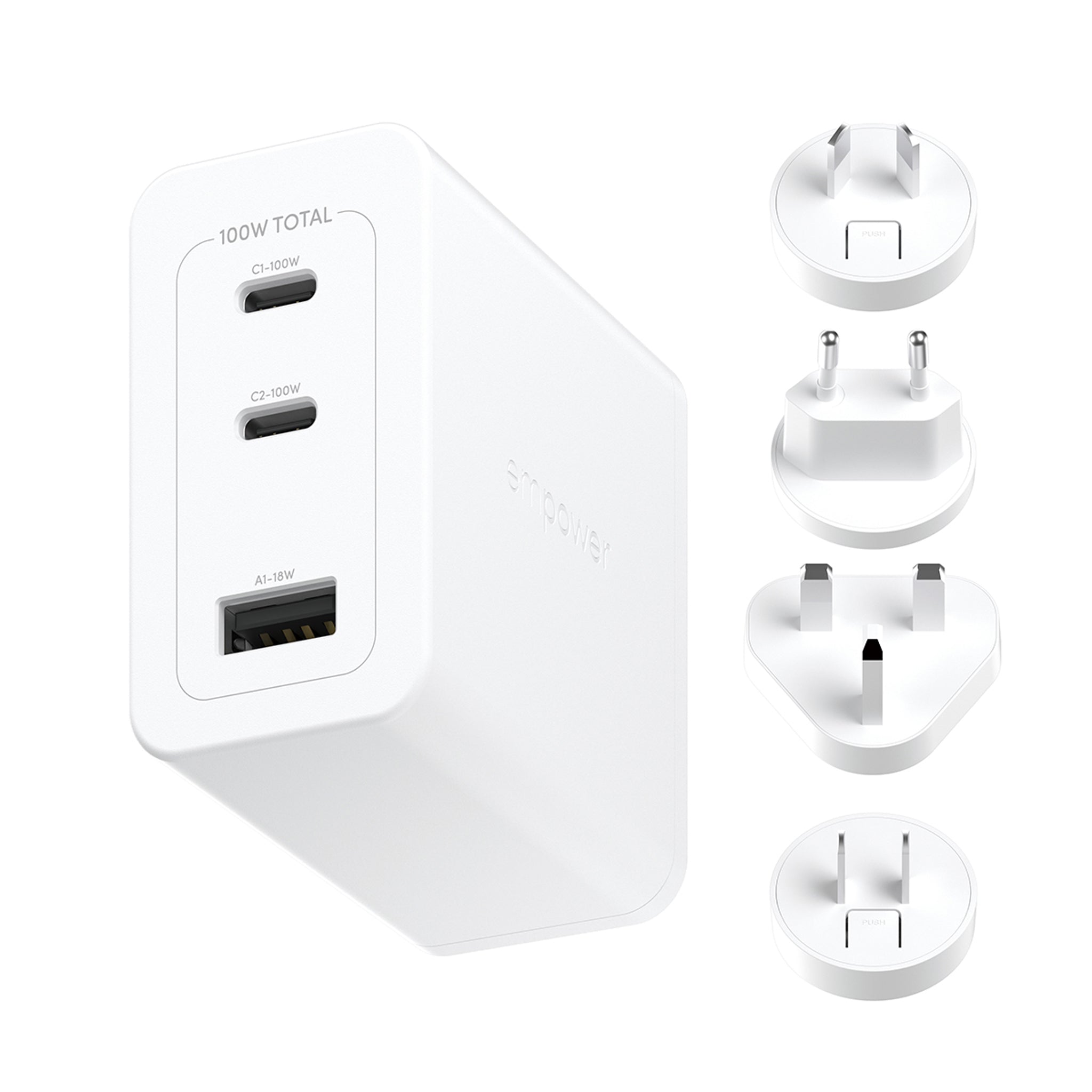 empower™ by PanzerGlass® Turbo 100W World Travel Adaptor inkl. 2 x USB-C + USB-A | Silver White