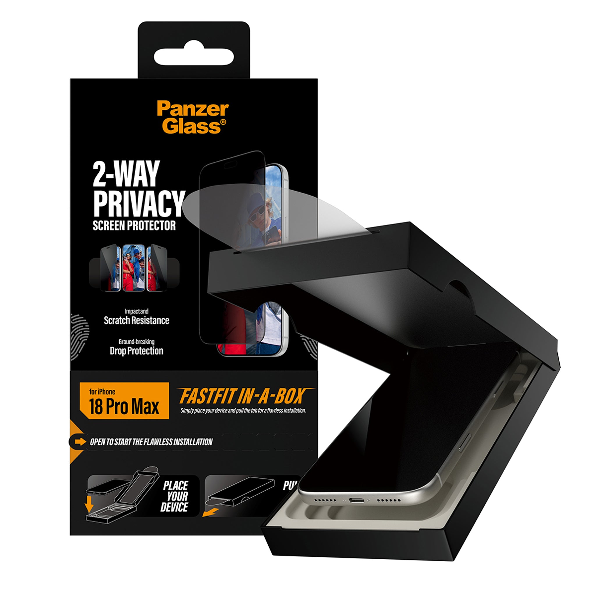 PanzerGlass® 2-Way Privacy Skærmbeskyttelse iPhone 18 Pro Max | Ultra-Wide Fit m. FASTFIT IN-A-BOX