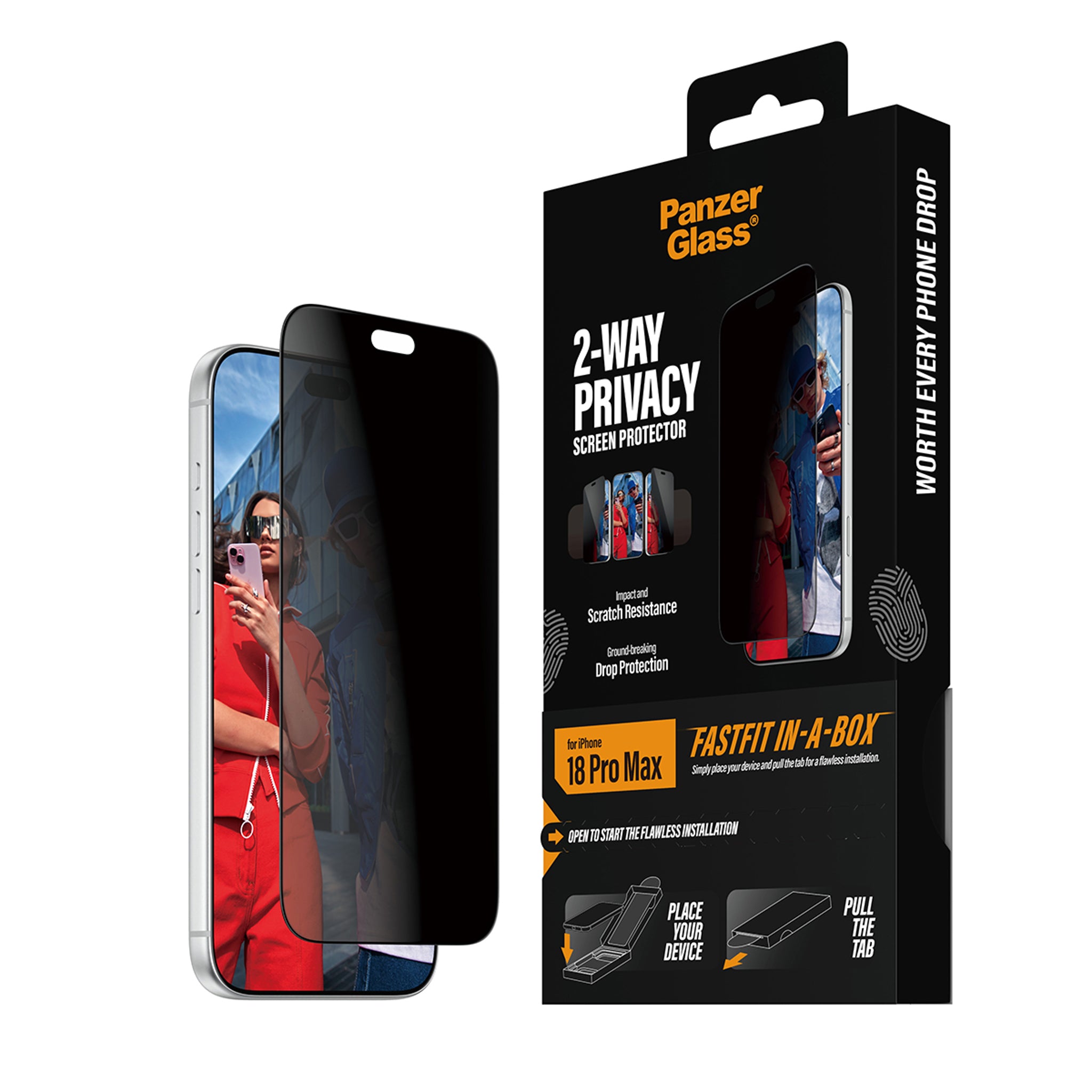 PanzerGlass® 2-Way Privacy Skærmbeskyttelse iPhone 18 Pro Max | Ultra-Wide Fit m. FASTFIT IN-A-BOX