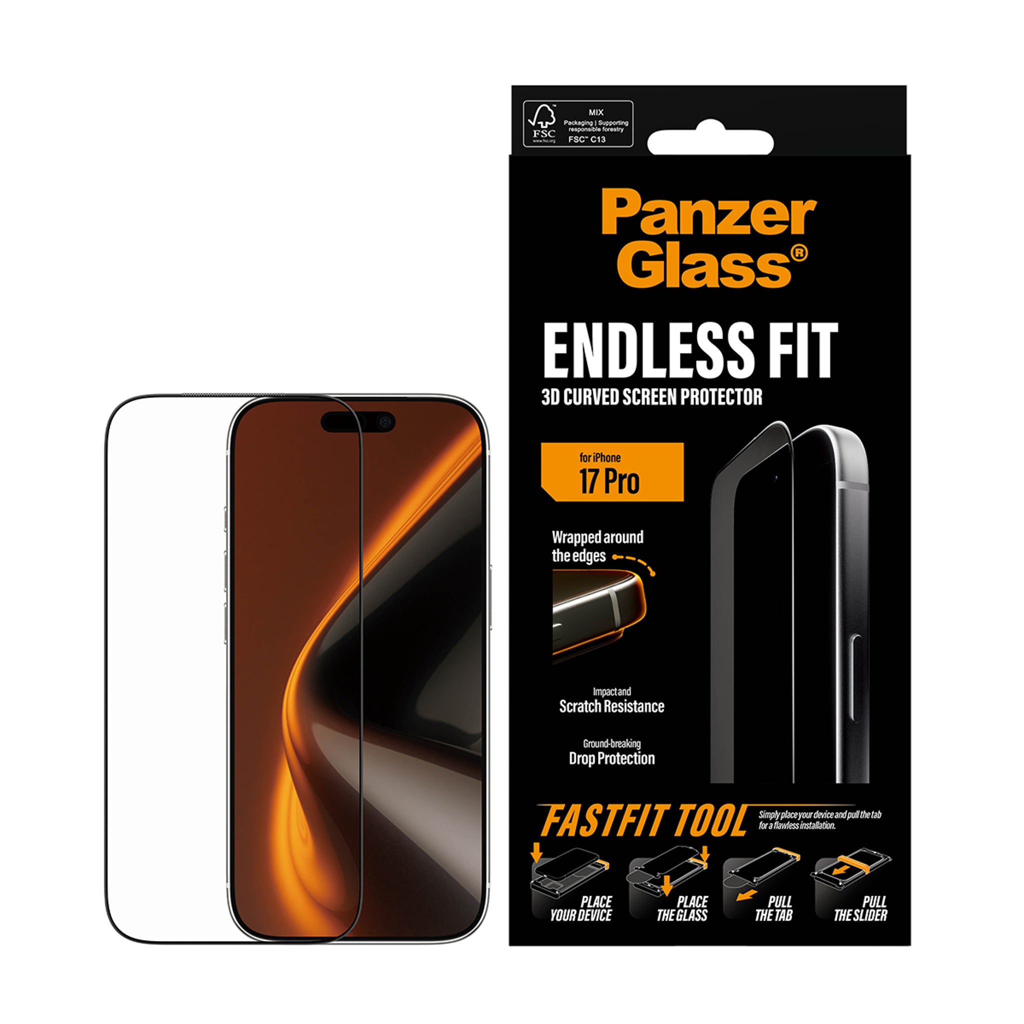 PanzerGlass® Endless Fit 3D Curve Skærmbeskyttelse iPhone 18 Pro | 17 Pro m. FastFit Tool
