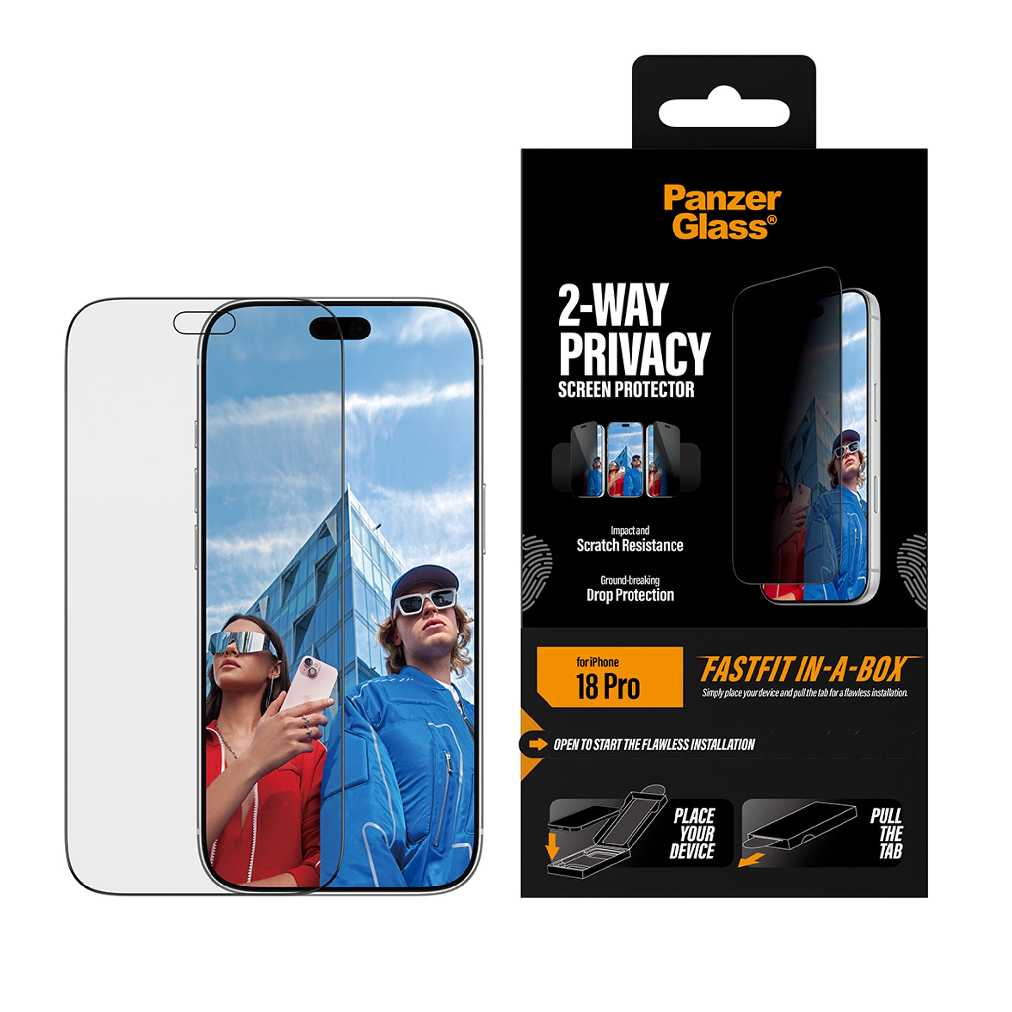 PanzerGlass® 2-Way Privacy Skærmbeskyttelse iPhone 18 Pro | Ultra-Wide Fit m. FASTFIT IN-A-BOX