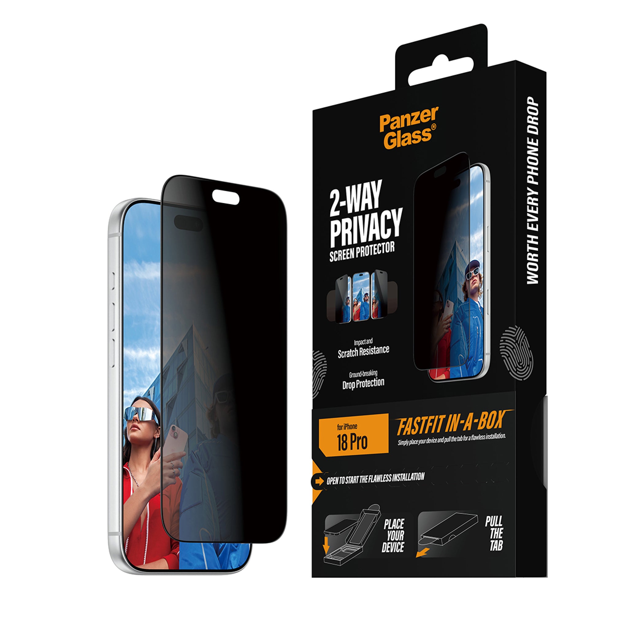 PanzerGlass® 2-Way Privacy Skærmbeskyttelse iPhone 18 Pro | Ultra-Wide Fit m. FASTFIT IN-A-BOX