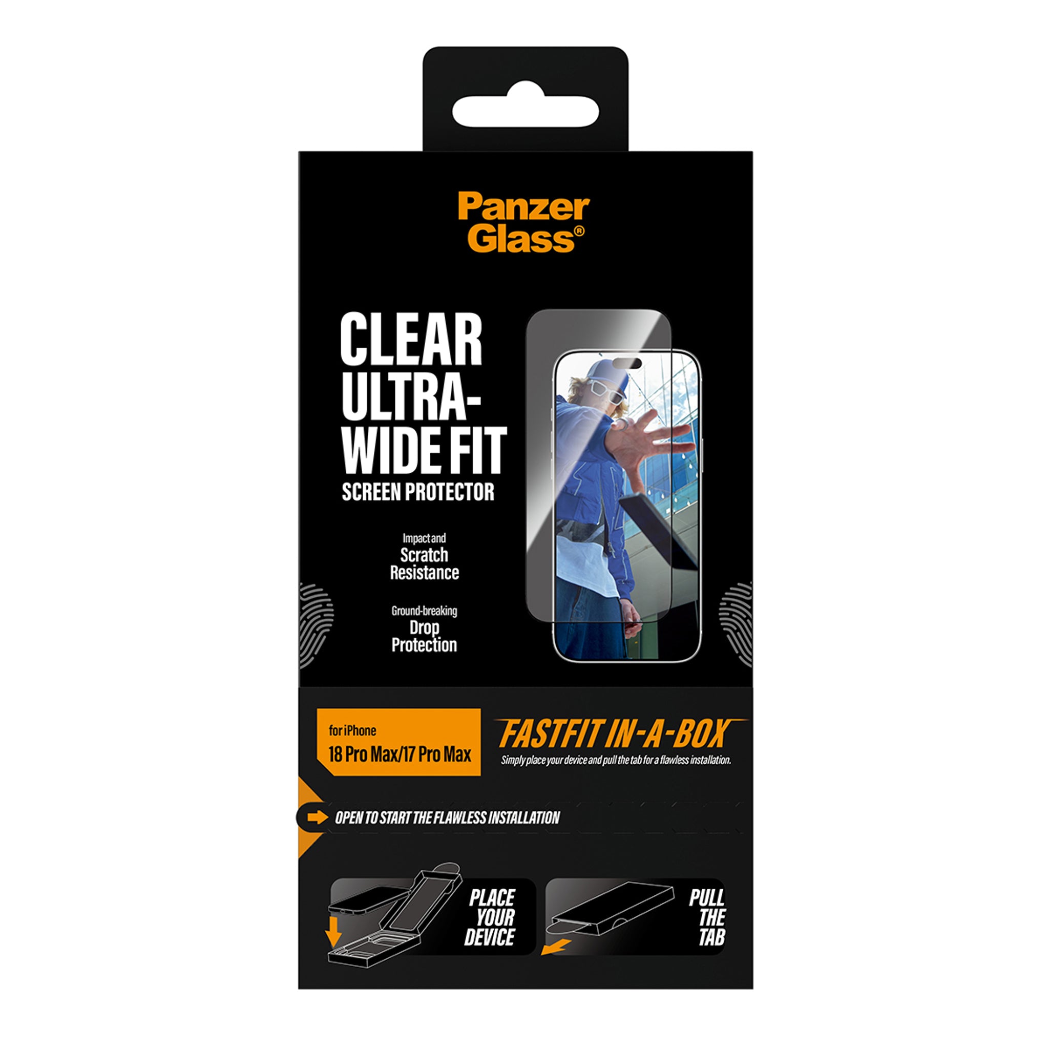 PanzerGlass® Skærmbeskyttelse iPhone 18 Pro Max | 17 Pro Max | Ultra-Wide Fit m. FASTFIT IN-A-BOX