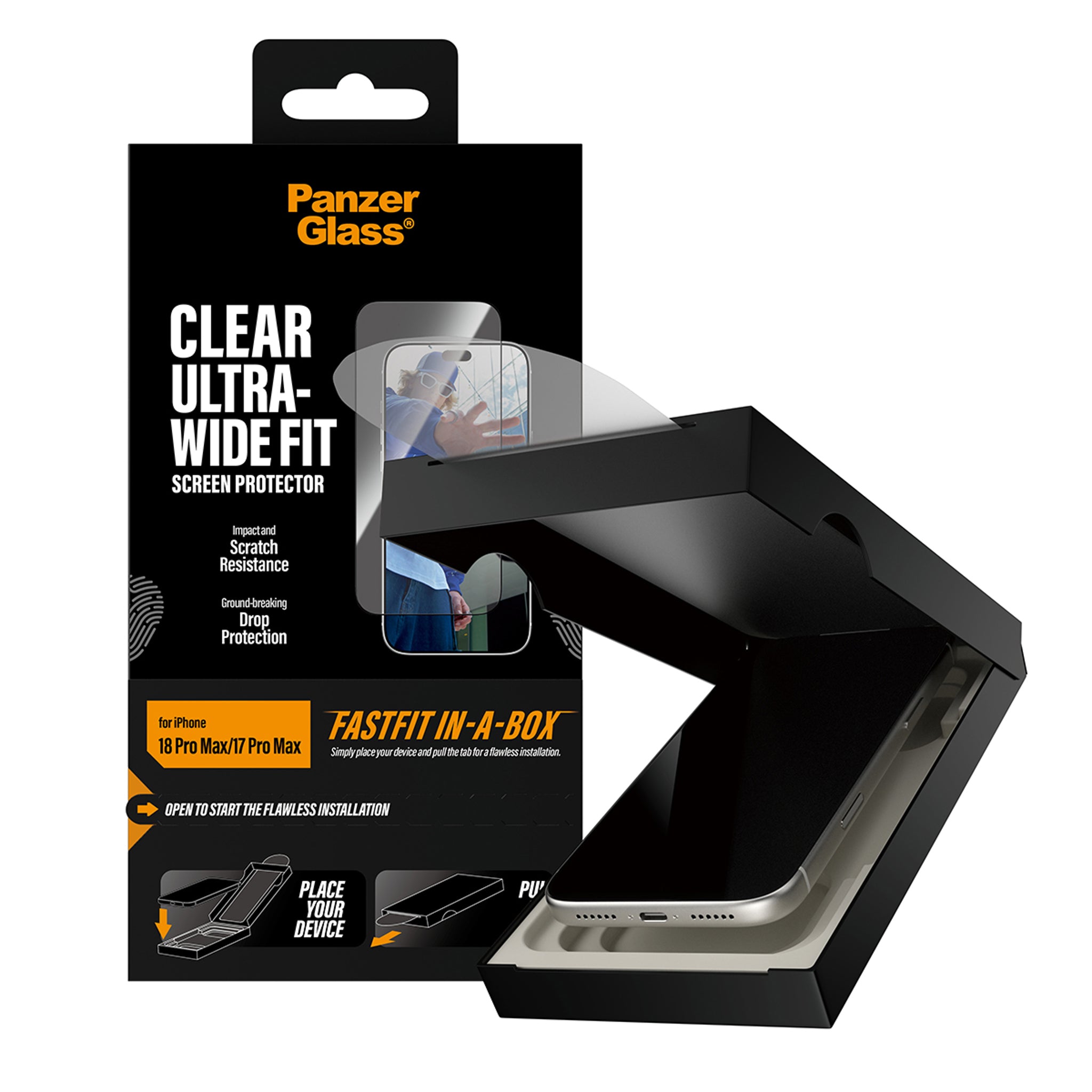 PanzerGlass® Skærmbeskyttelse iPhone 18 Pro Max | 17 Pro Max | Ultra-Wide Fit m. FASTFIT IN-A-BOX