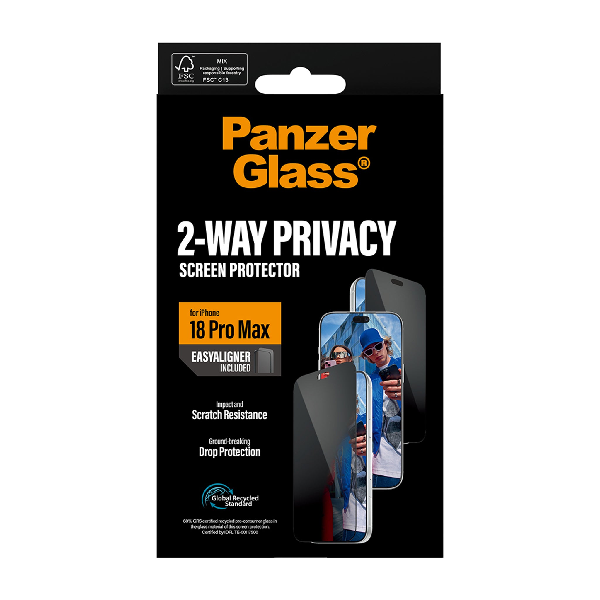 PanzerGlass® 2-Way Privacy Skærmbeskyttelse iPhone 18 Pro Max | Ultra-Wide Fit m. EasyAligner