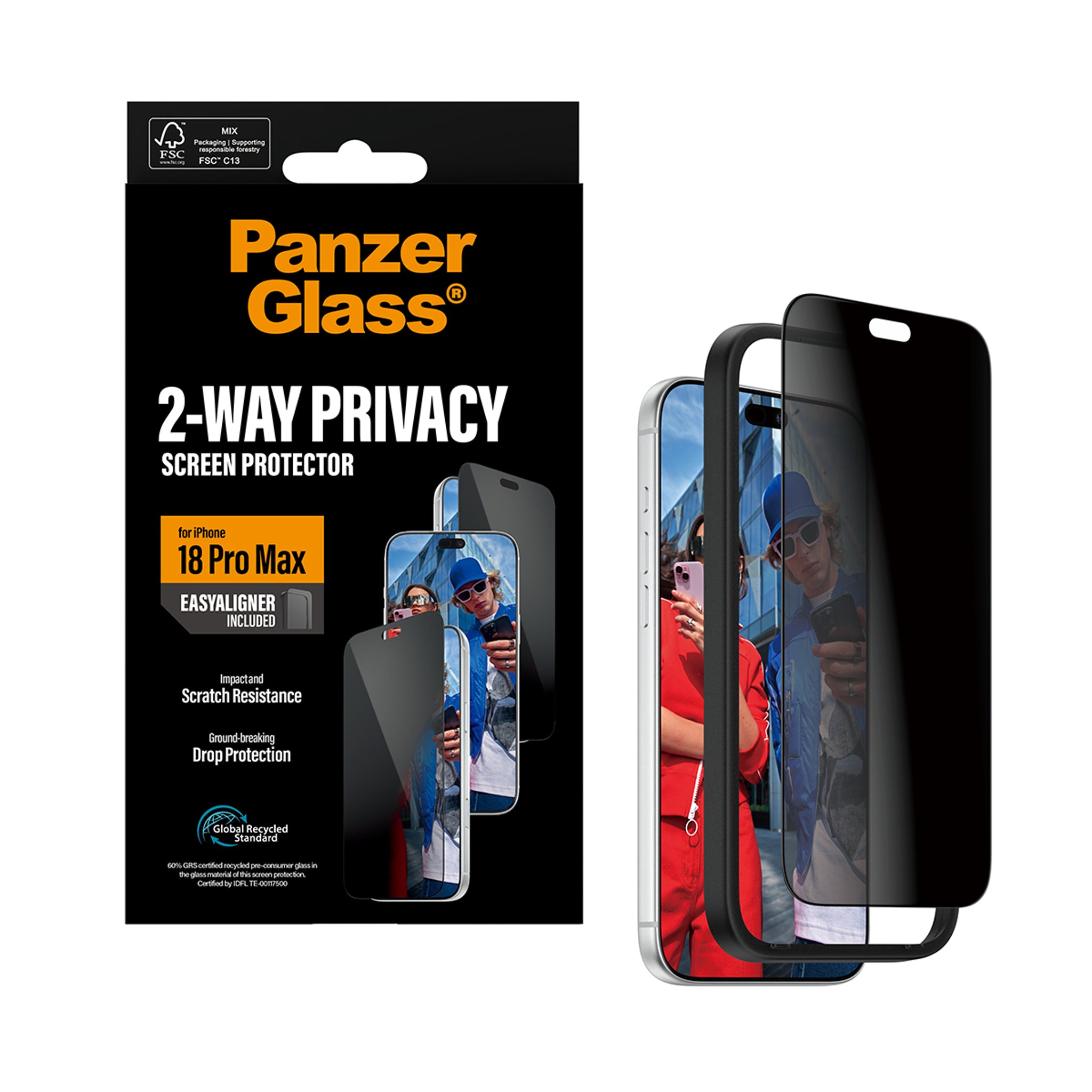 PanzerGlass® 2-Way Privacy Skærmbeskyttelse iPhone 18 Pro Max | Ultra-Wide Fit m. EasyAligner