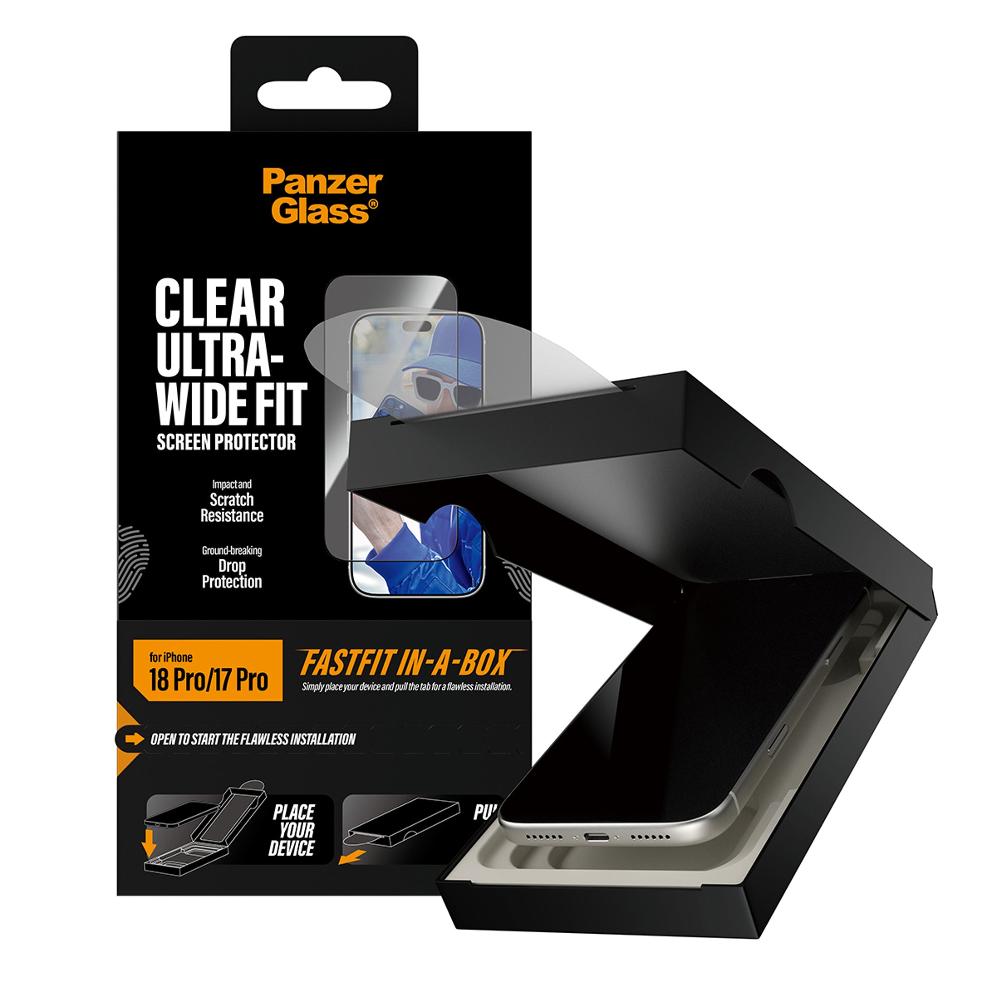 PanzerGlass® Skærmbeskyttelse iPhone 18 Pro | 17 Pro | Ultra-Wide Fit m. FASTFIT IN-A-BOX