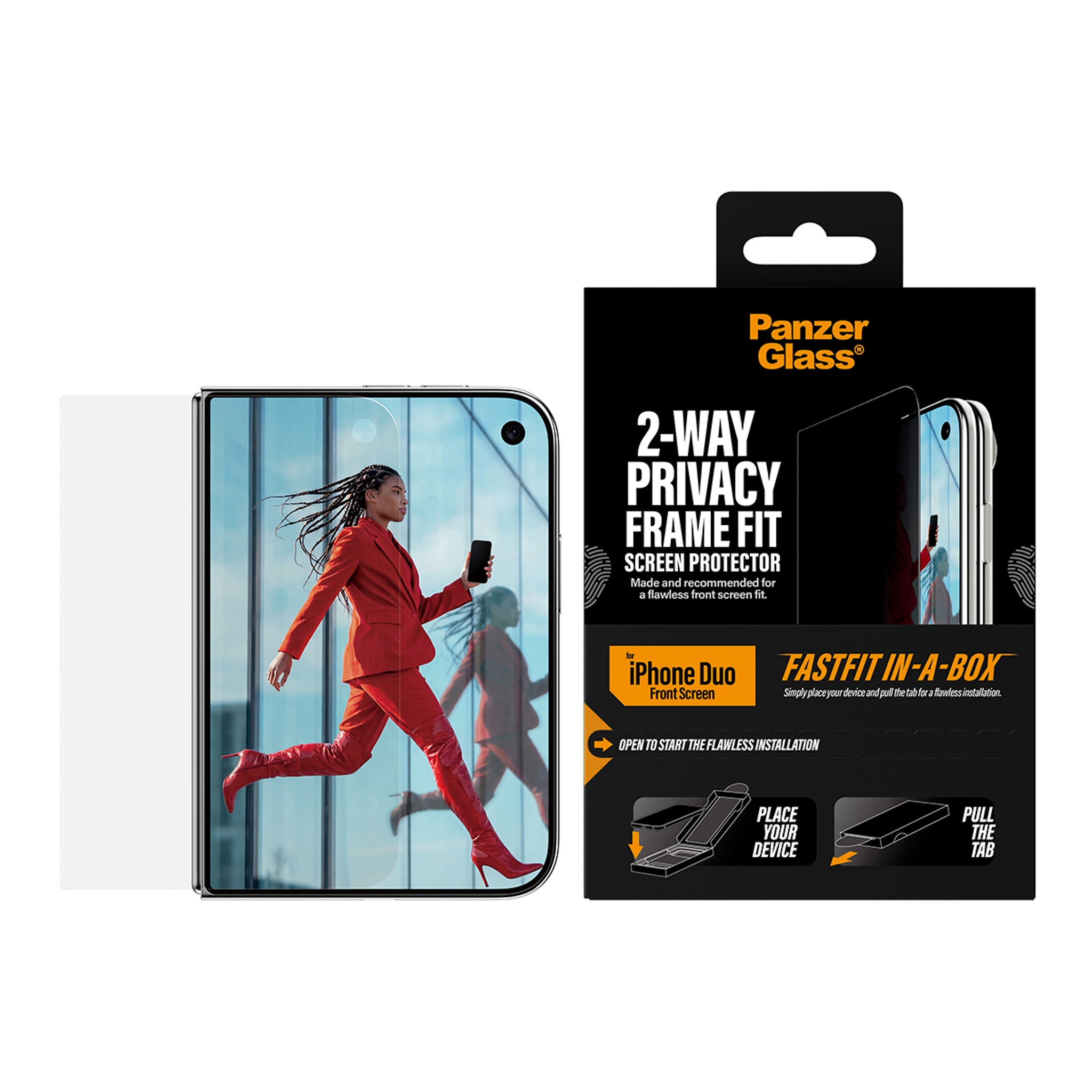 PanzerGlass® 2-Way Privacy Frontskærm Skærmbeskyttelse iPhone Duo | FRAME FIT m. FASTFIT IN-A-BOX