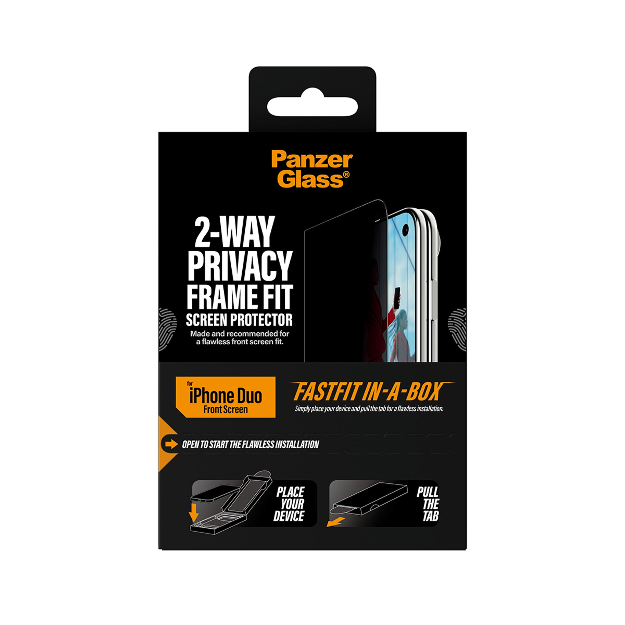 PanzerGlass® 2-Way Privacy Frontskærm Skærmbeskyttelse iPhone Duo | FRAME FIT m. FASTFIT IN-A-BOX