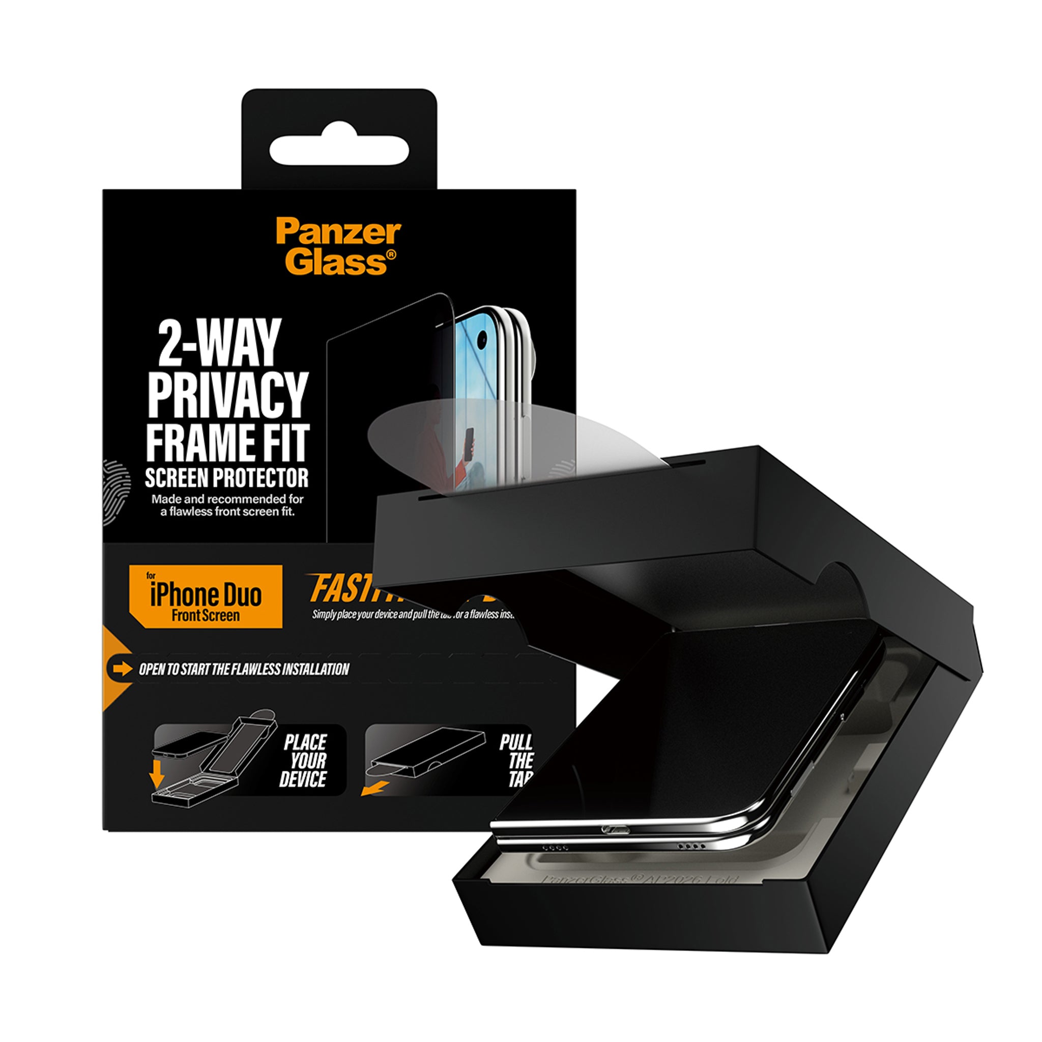 PanzerGlass® 2-Way Privacy Frontskærm Skærmbeskyttelse iPhone Duo | FRAME FIT m. FASTFIT IN-A-BOX
