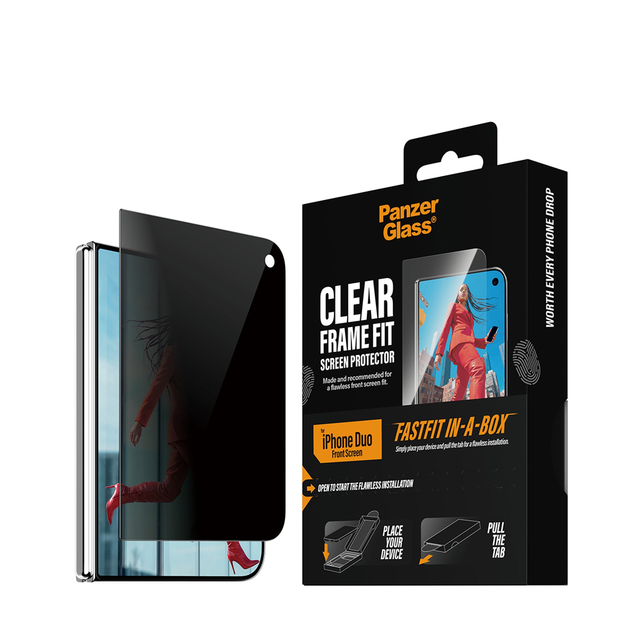 PanzerGlass® 2-Way Privacy Frontskærm Skærmbeskyttelse iPhone Duo | FRAME FIT m. FASTFIT IN-A-BOX