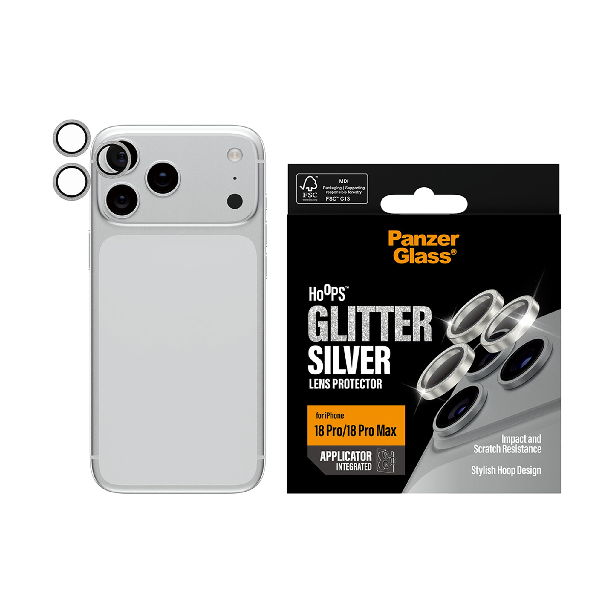 PanzerGlass® Hoops® Kameralinsebeskytter Glitter Sølv iPhone 18 Pro | 18 Pro Max