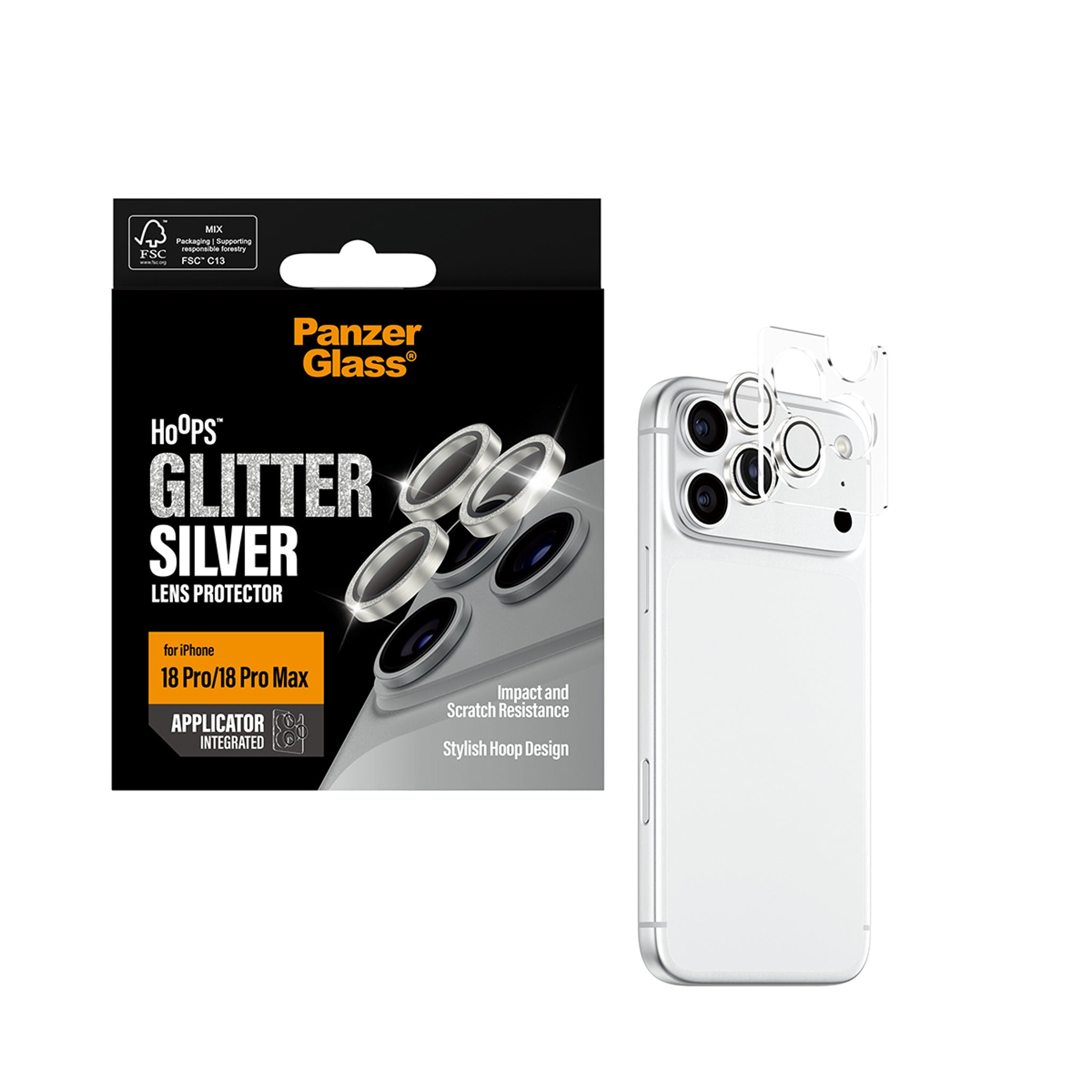PanzerGlass® Hoops® Kameralinsebeskytter Glitter Sølv iPhone 18 Pro | 18 Pro Max