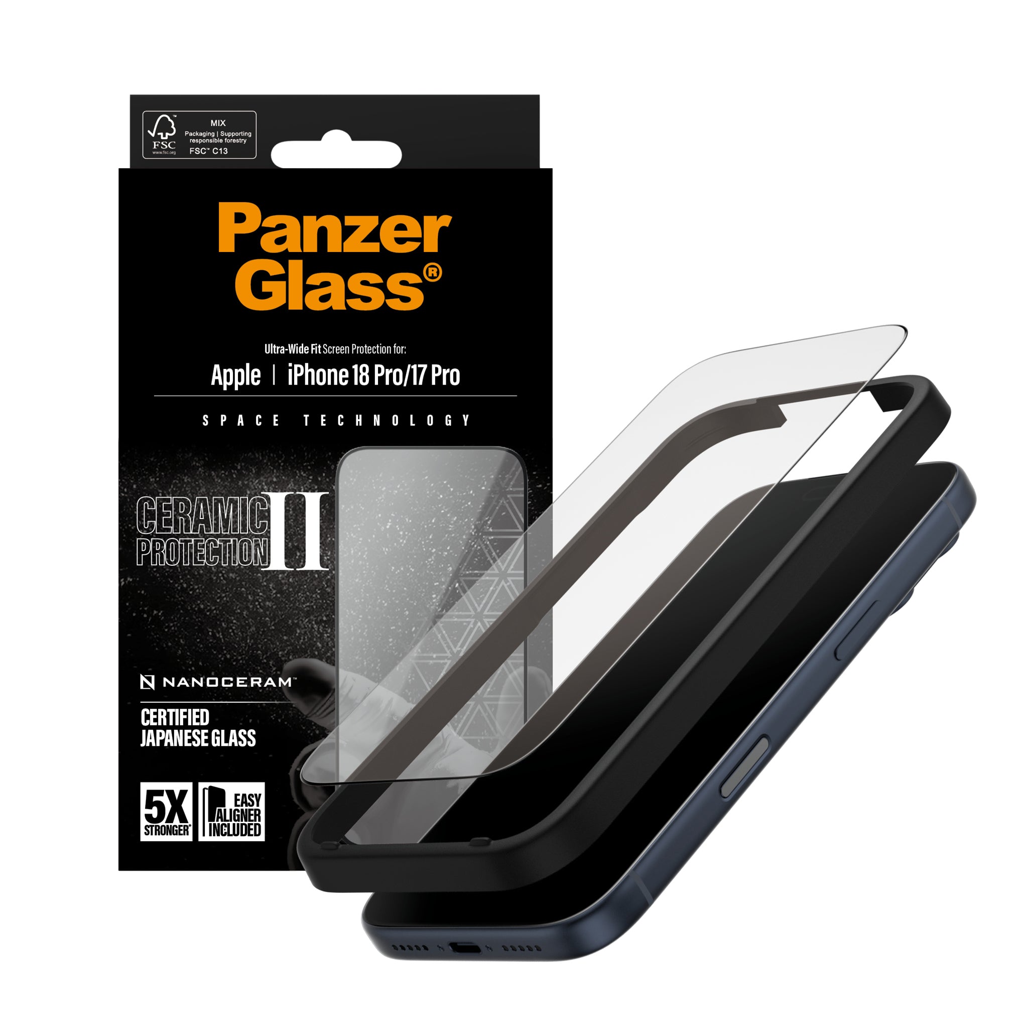 PanzerGlass® Ceramic II Skærmbeskyttelse iPhone 18 Pro | 17 Pro | Ultra-Wide Fit m. EasyAligner