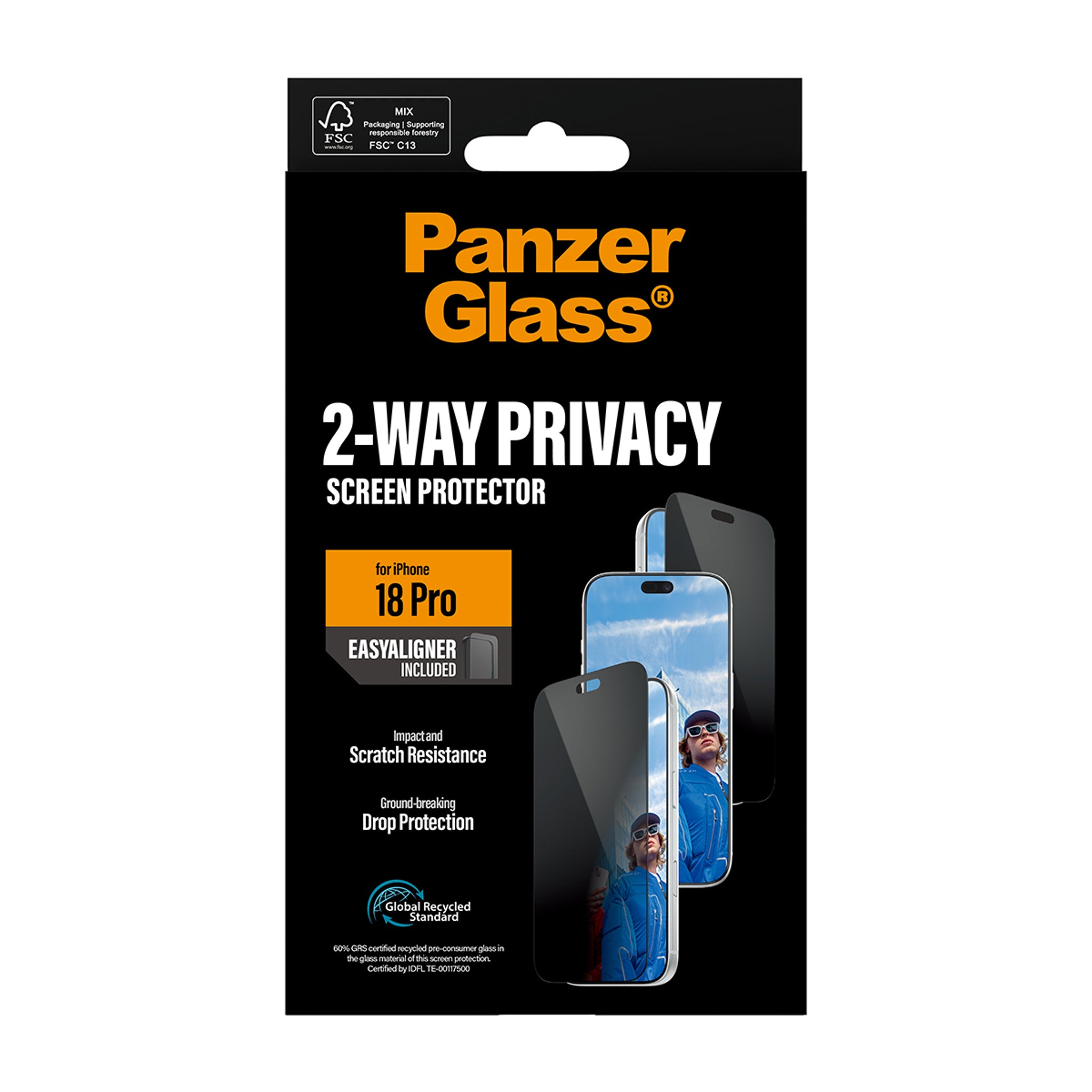 PanzerGlass® 2-Way Privacy Skærmbeskyttelse iPhone 18 Pro | Ultra-Wide Fit m. EasyAligner