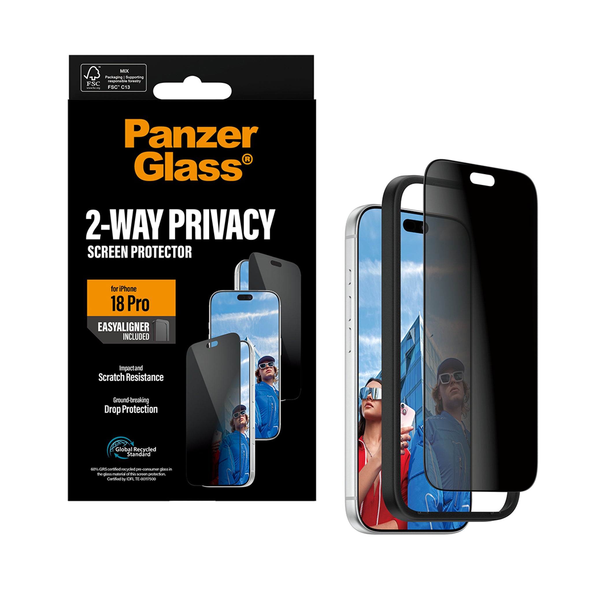 PanzerGlass® 2-Way Privacy Skærmbeskyttelse iPhone 18 Pro | Ultra-Wide Fit m. EasyAligner