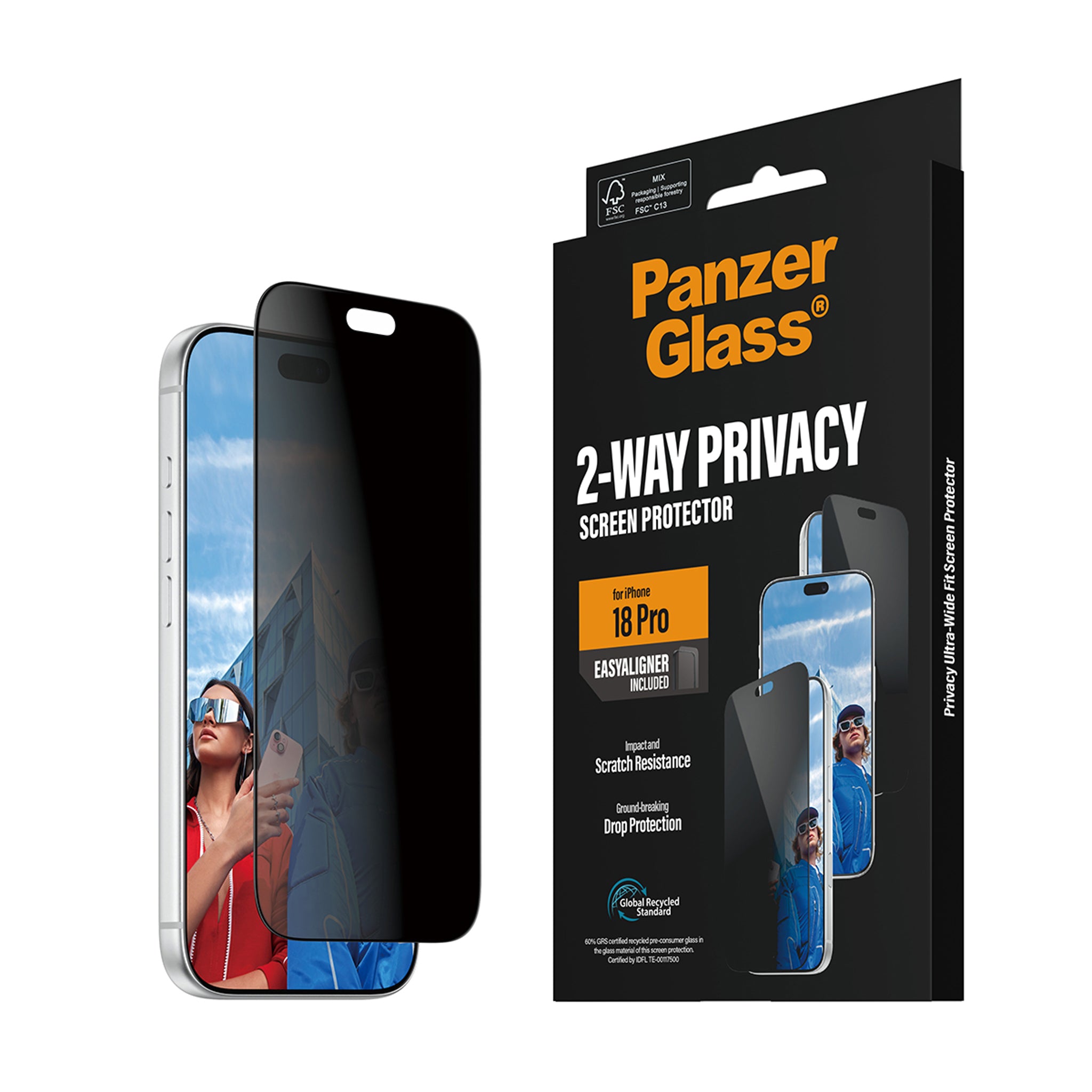 PanzerGlass® 2-Way Privacy Skærmbeskyttelse iPhone 18 Pro | Ultra-Wide Fit m. EasyAligner