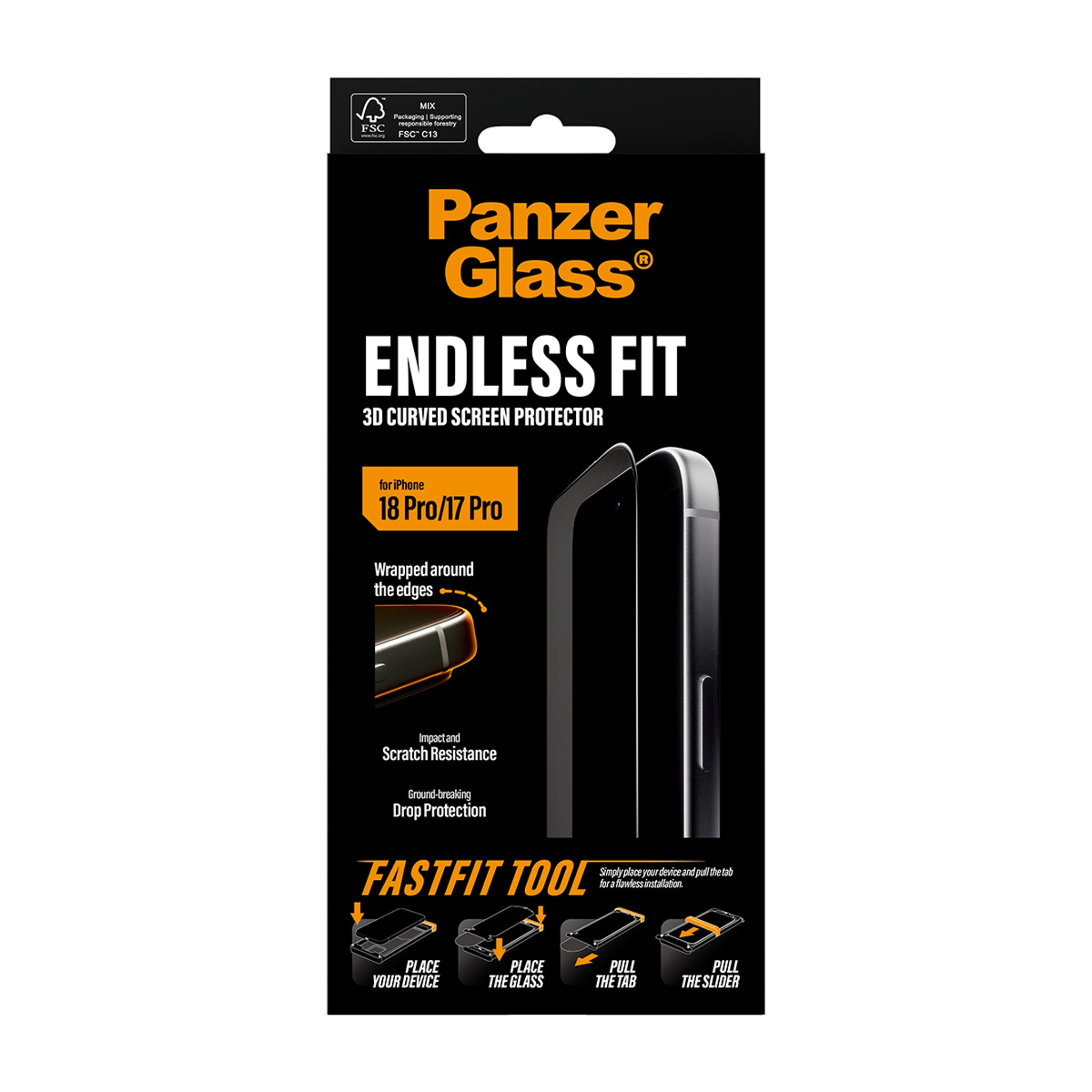 PanzerGlass® Endless Fit 3D Curve Skærmbeskyttelse iPhone 18 Pro | 17 Pro m. FastFit Tool