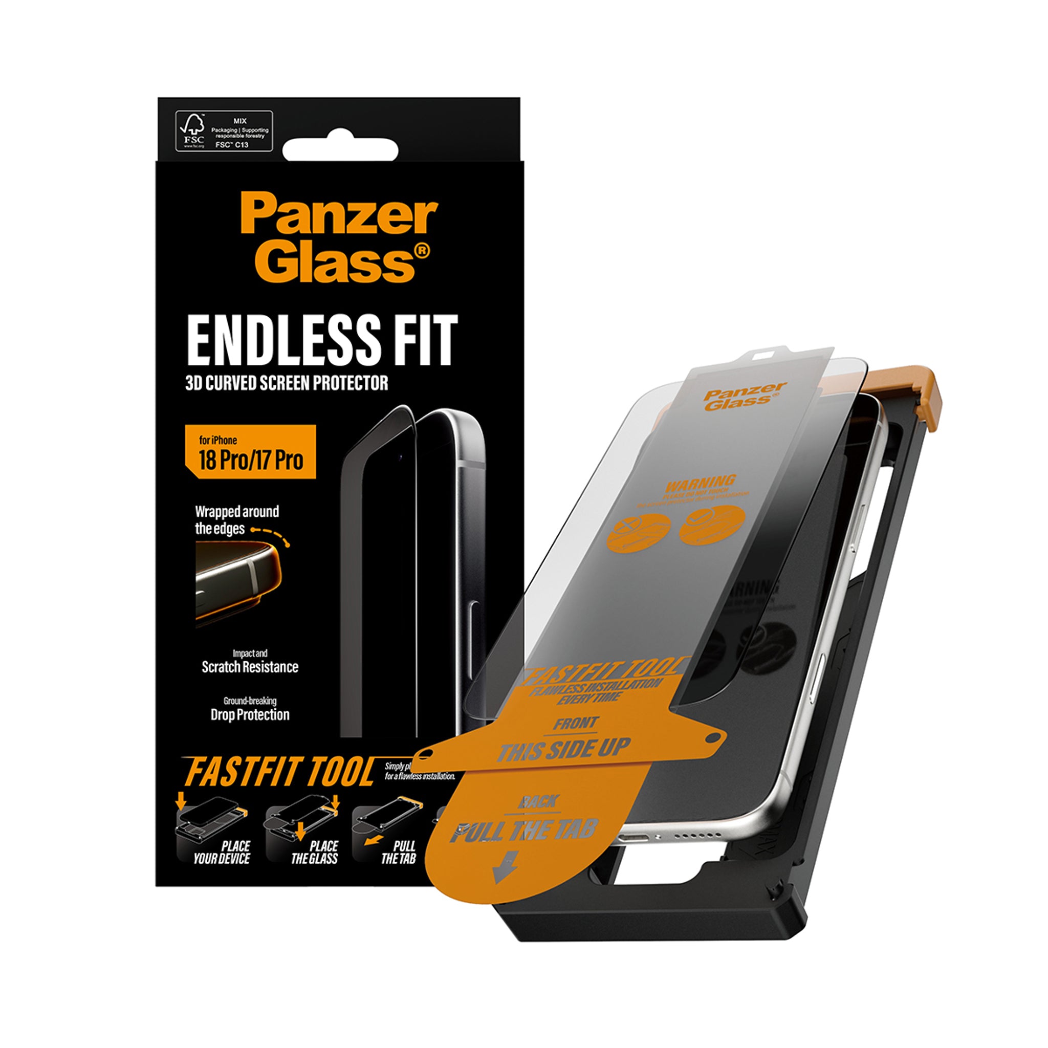 PanzerGlass® Endless Fit 3D Curve Skærmbeskyttelse iPhone 18 Pro | 17 Pro m. FastFit Tool