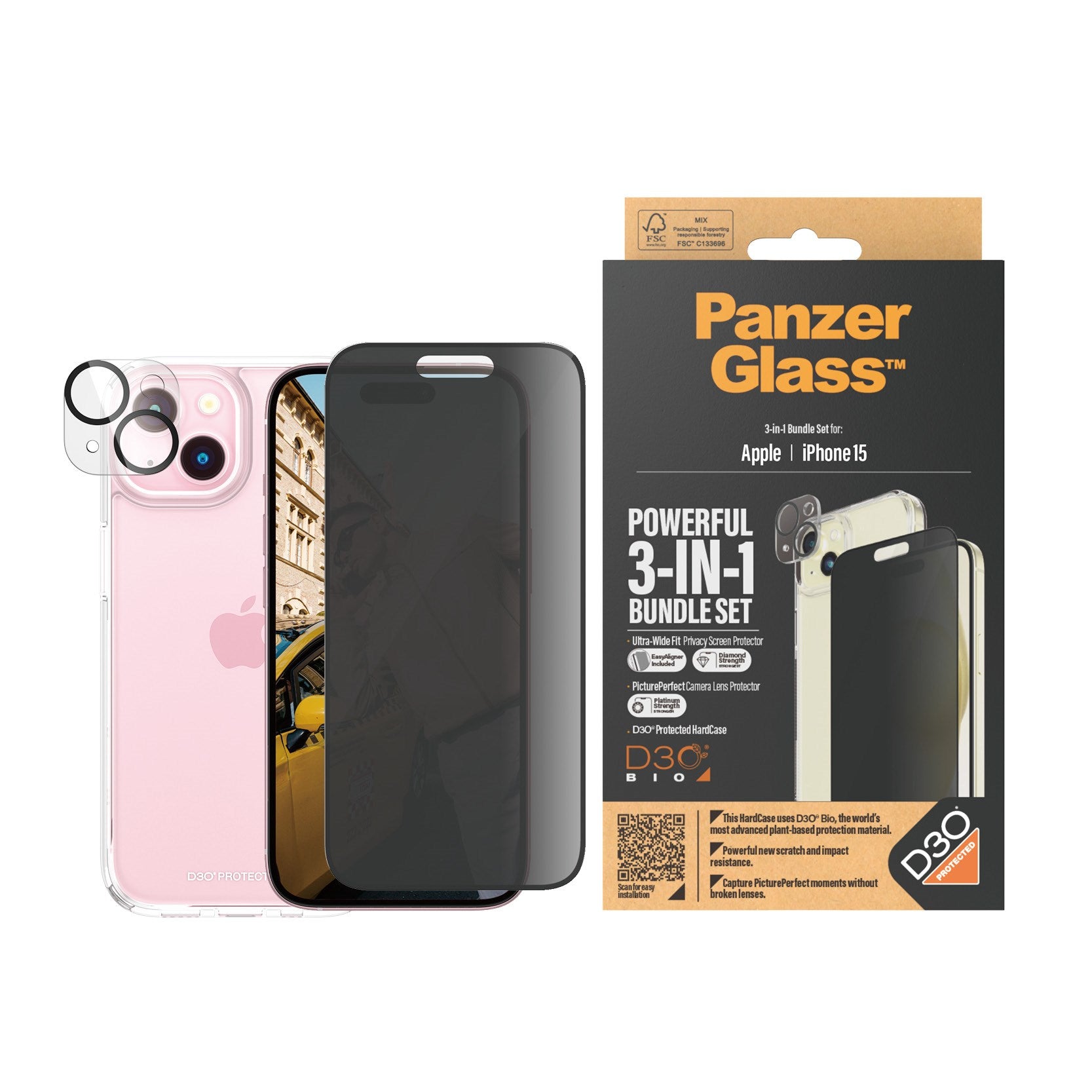 PanzerGlass® Privacy 3-i-1 Pakke iPhone 15