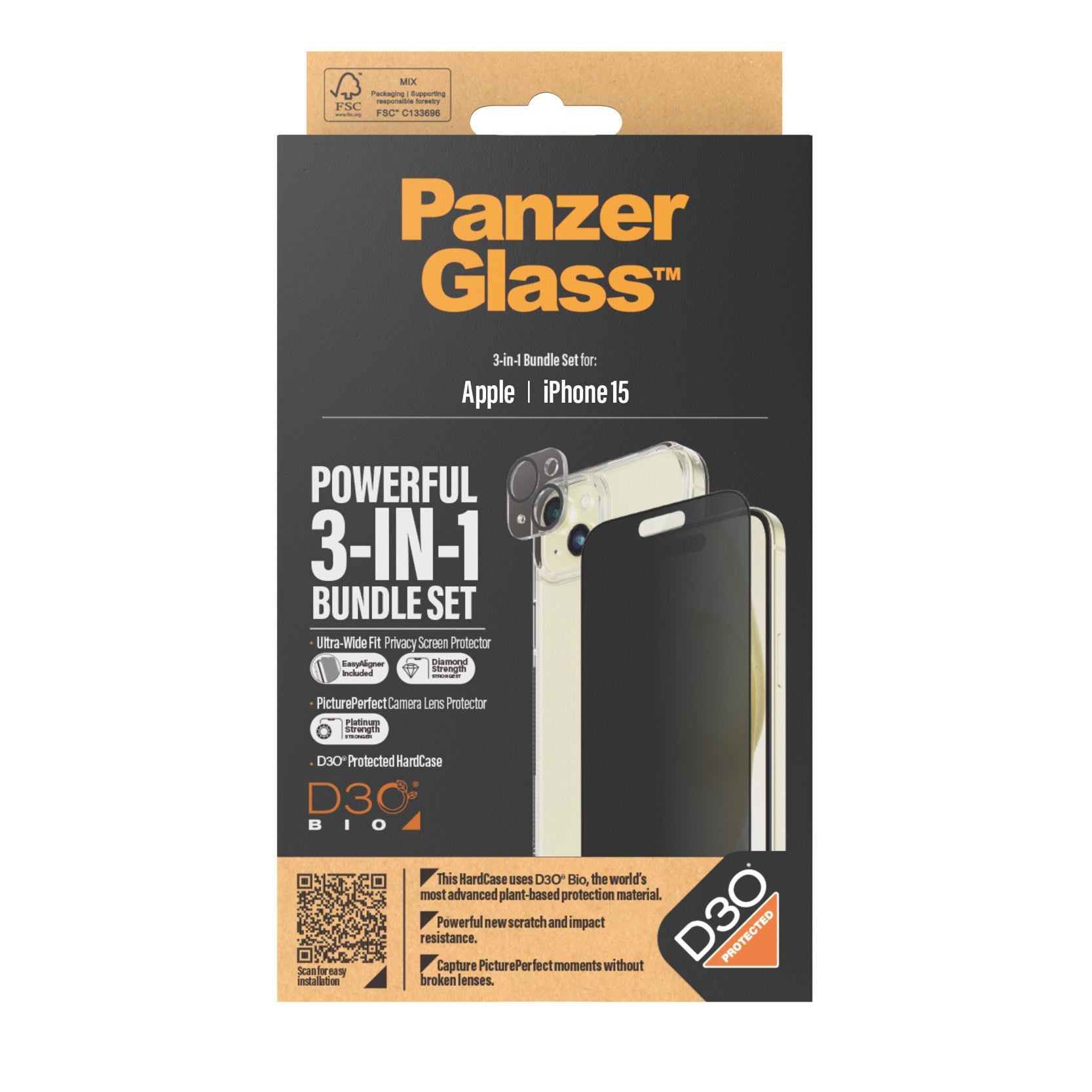 PanzerGlass® Privacy 3-i-1 Pakke iPhone 15