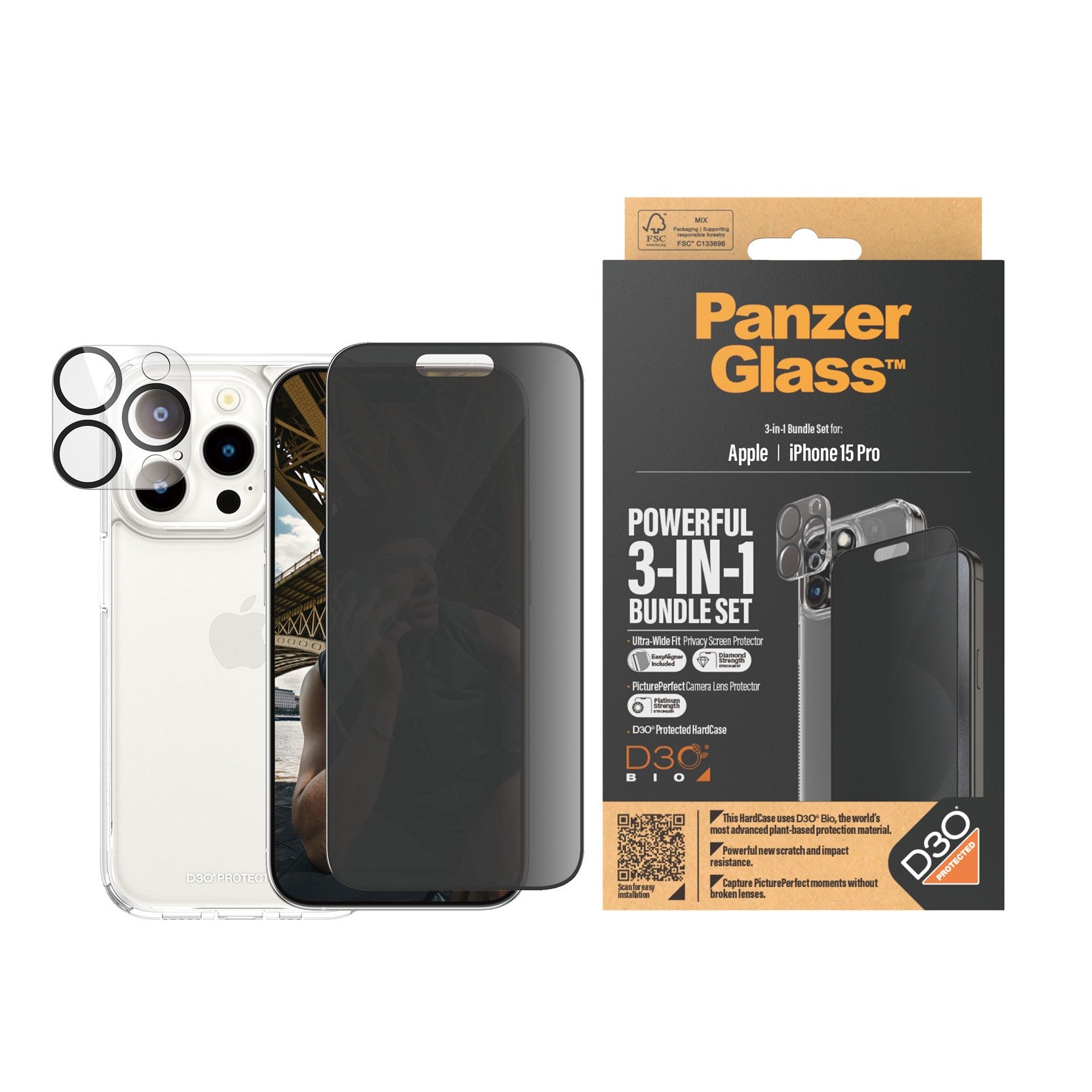 PanzerGlass® Privacy 3-i-1 Pakke iPhone 15 Pro