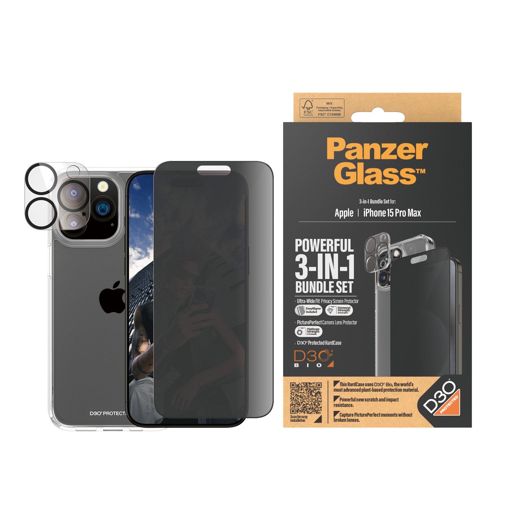PanzerGlass® Privacy 3-i-1 Pakke iPhone 15 Pro Max