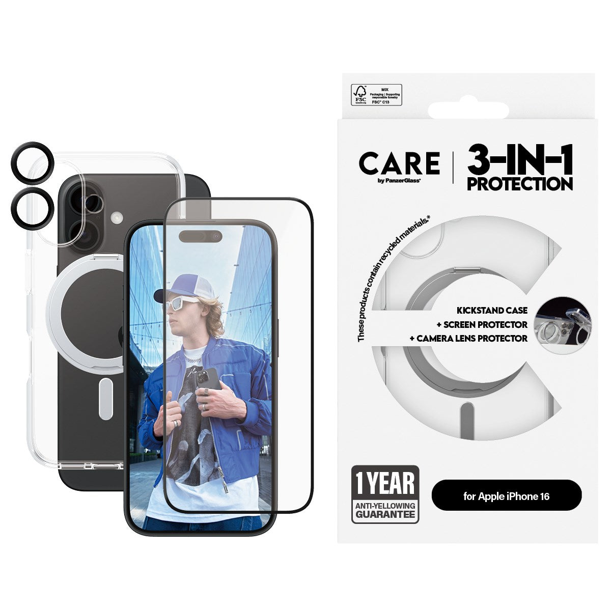 CARE by PanzerGlass® 3-in-1 Ceramic Pakke iPhone 16