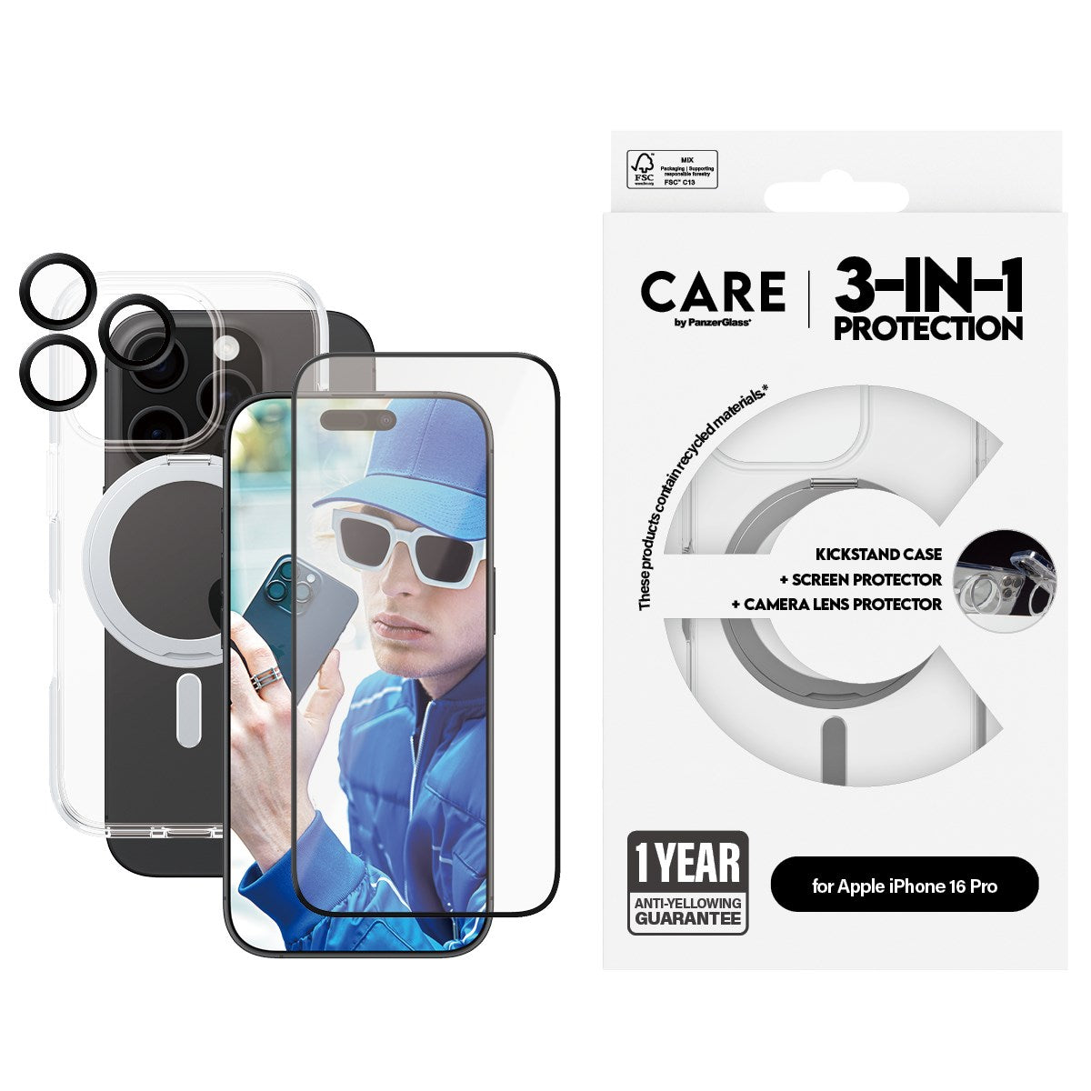 CARE by PanzerGlass® 3-in-1 Ceramic Pakke iPhone 16 Pro