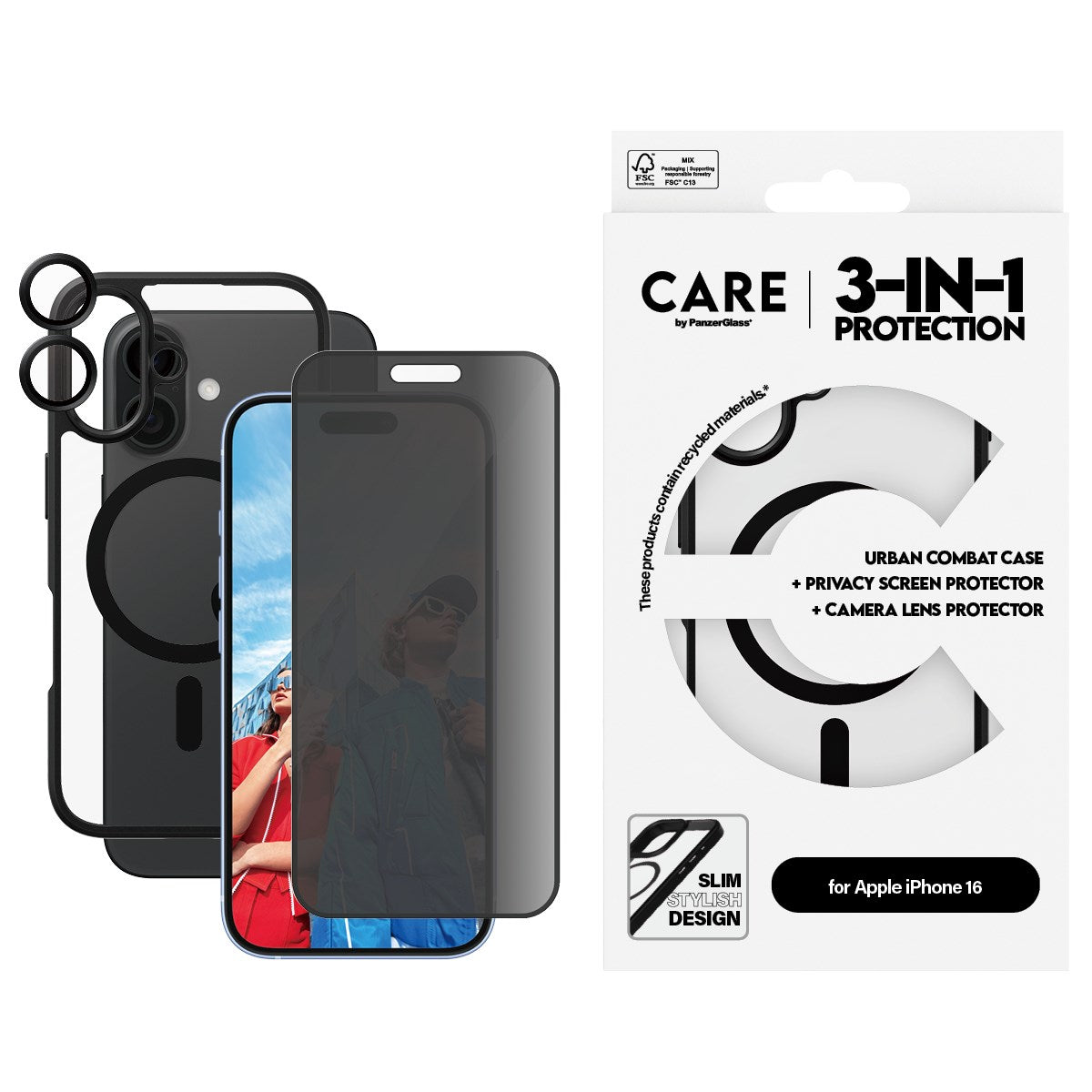 PanzerGlass® | CARE by PanzerGlass® Urban Combat 3-in-1 Privacy Pakke iPhone 16