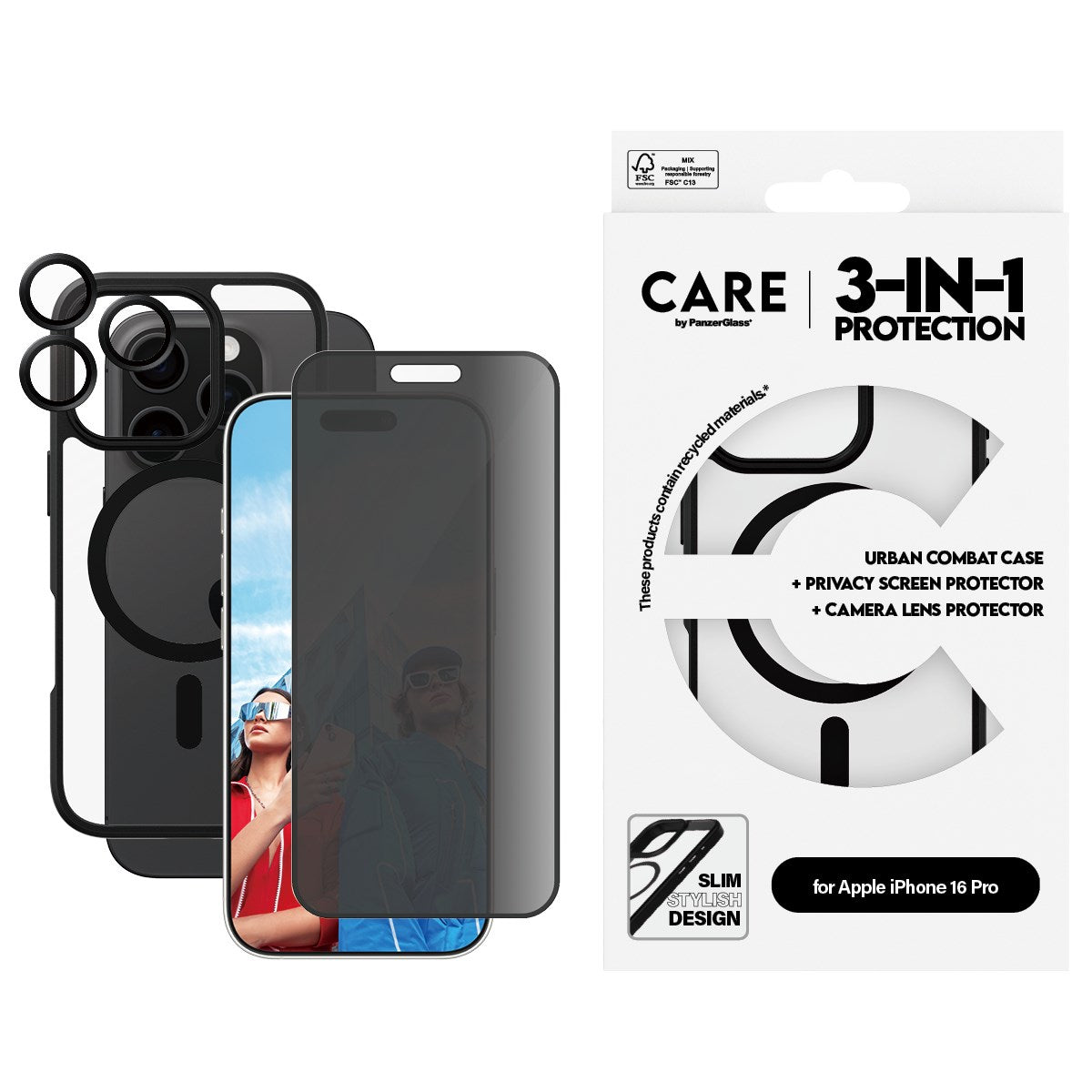 PanzerGlass® | CARE by PanzerGlass® Urban Combat 3-in-1 Privacy Pakke iPhone 16 Pro