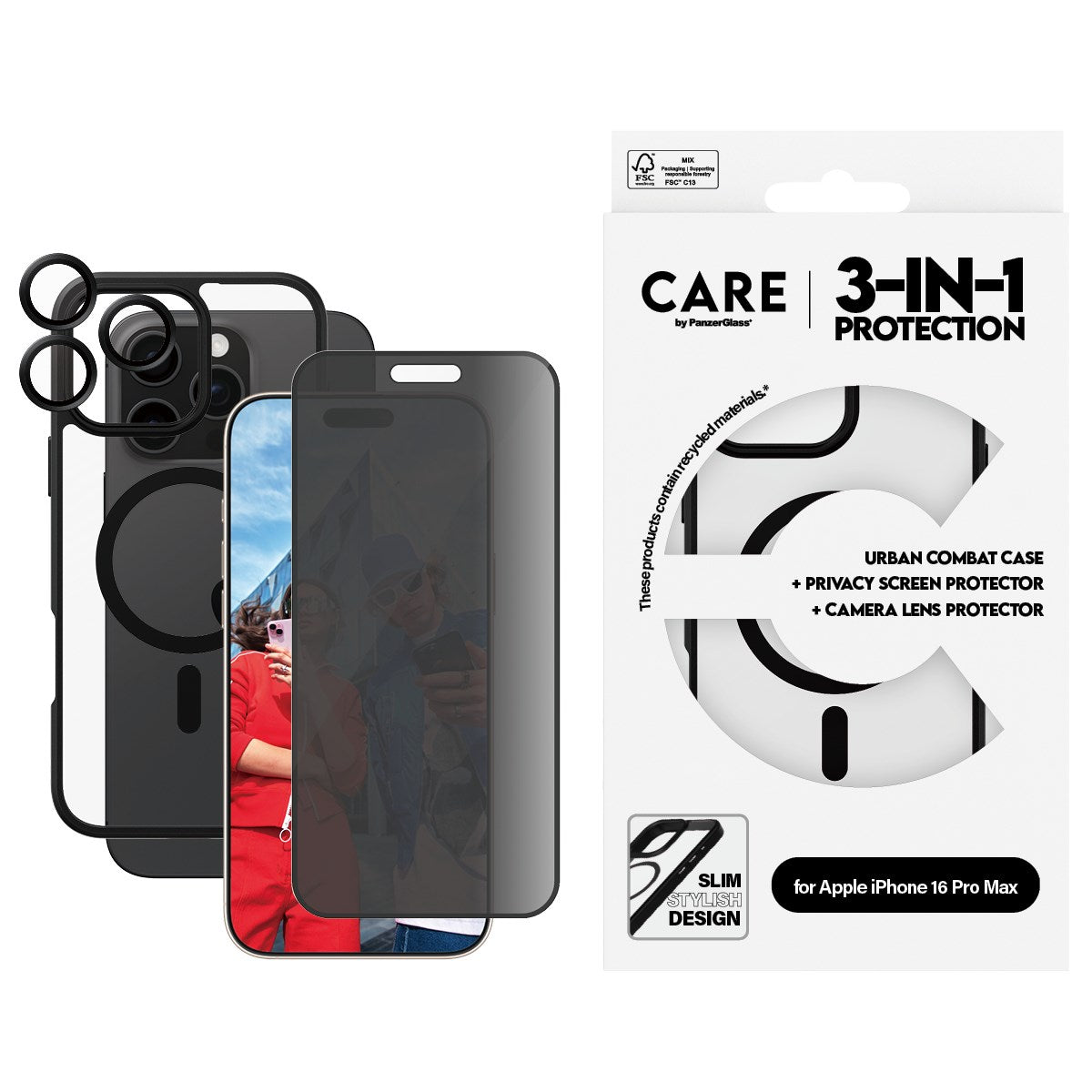PanzerGlass® | CARE by PanzerGlass® Urban Combat 3-in-1 Privacy Pakke iPhone 16 Pro Max