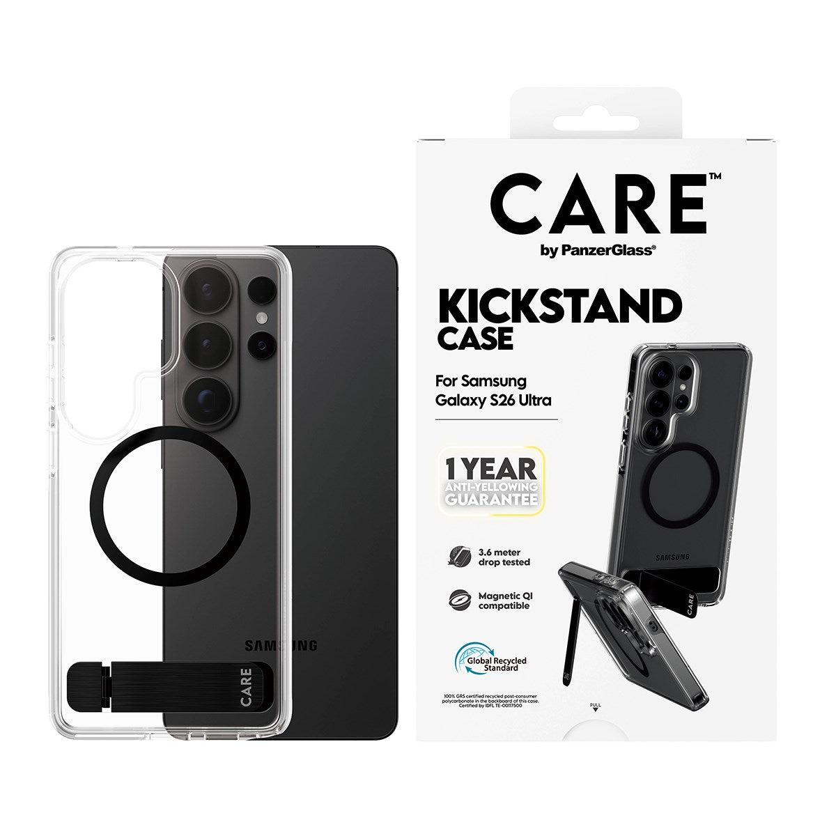 CARE™ by PanzerGlass® Kickstand Case Transparent m. Qi Samsung Galaxy S26 Ultra