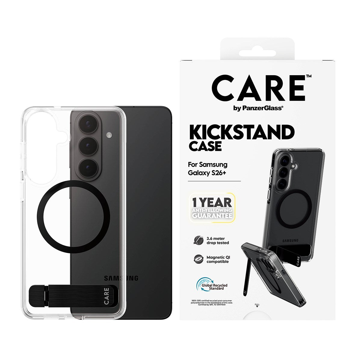 CARE™ by PanzerGlass® Kickstand Case Transparent m. Qi Samsung Galaxy S26+
