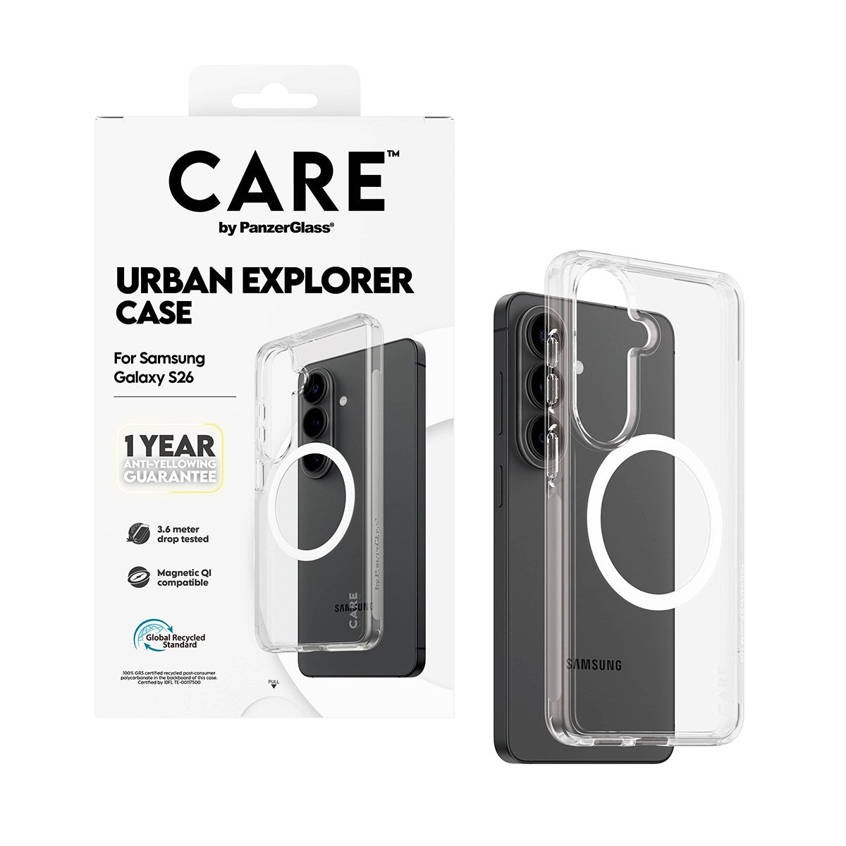 CARE™ by PanzerGlass® Urban Explorer Case Transparant m. Hvid Qi Samsung Galaxy S26