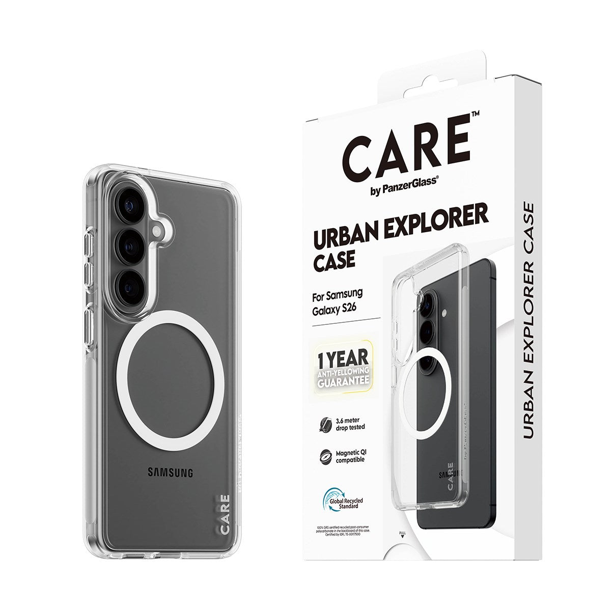 CARE™ by PanzerGlass® Urban Explorer Case Transparant m. Hvid Qi Samsung Galaxy S26