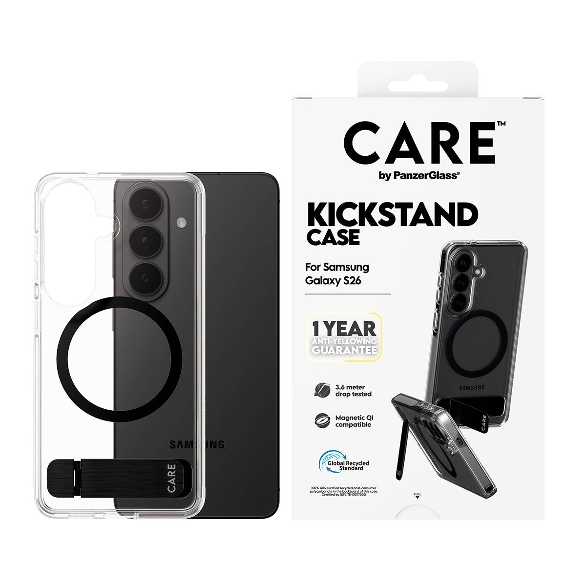 CARE™ by PanzerGlass® Kickstand Case Transparent m. Qi Samsung Galaxy S26