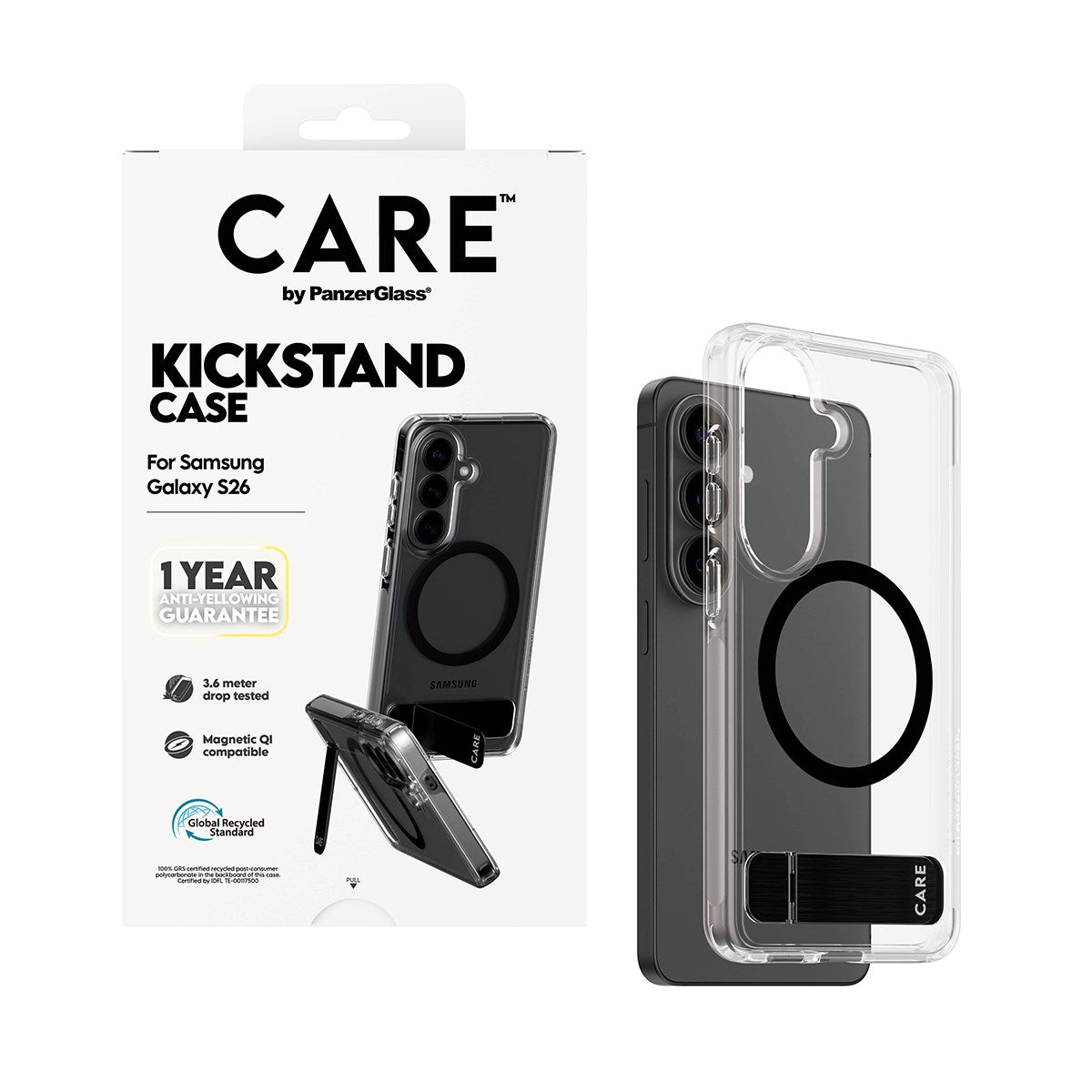 CARE™ by PanzerGlass® Kickstand Case Transparent m. Qi Samsung Galaxy S26