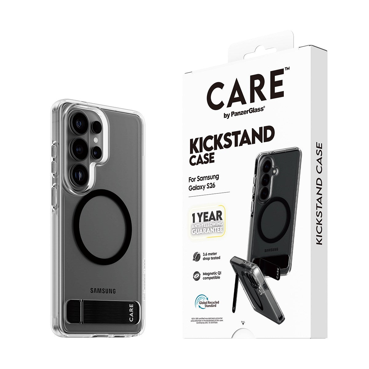 CARE™ by PanzerGlass® Kickstand Case Transparent m. Qi Samsung Galaxy S26