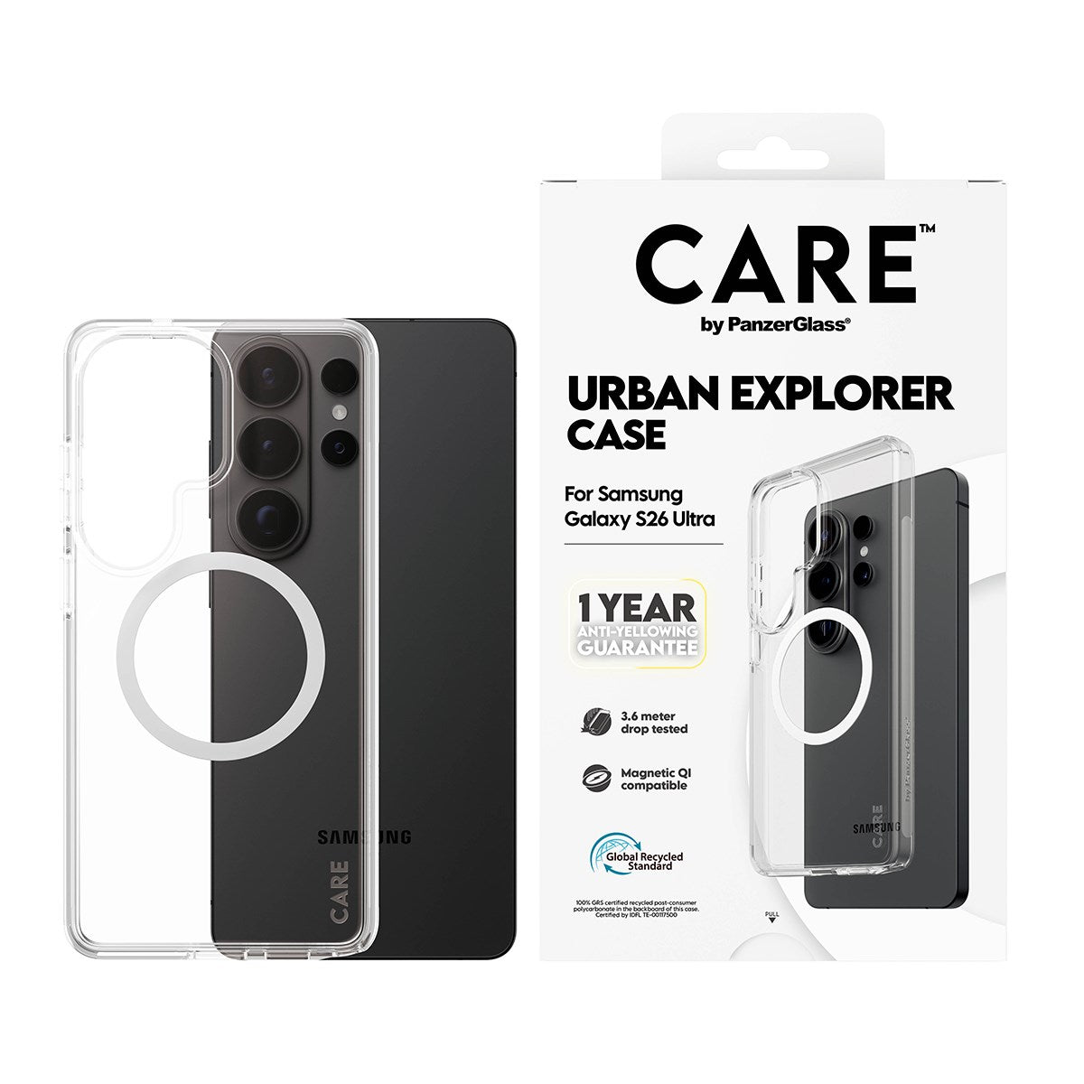 CARE™ by PanzerGlass® Urban Explorer Case Transparant m. Hvid Qi Samsung Galaxy S26 Ultra