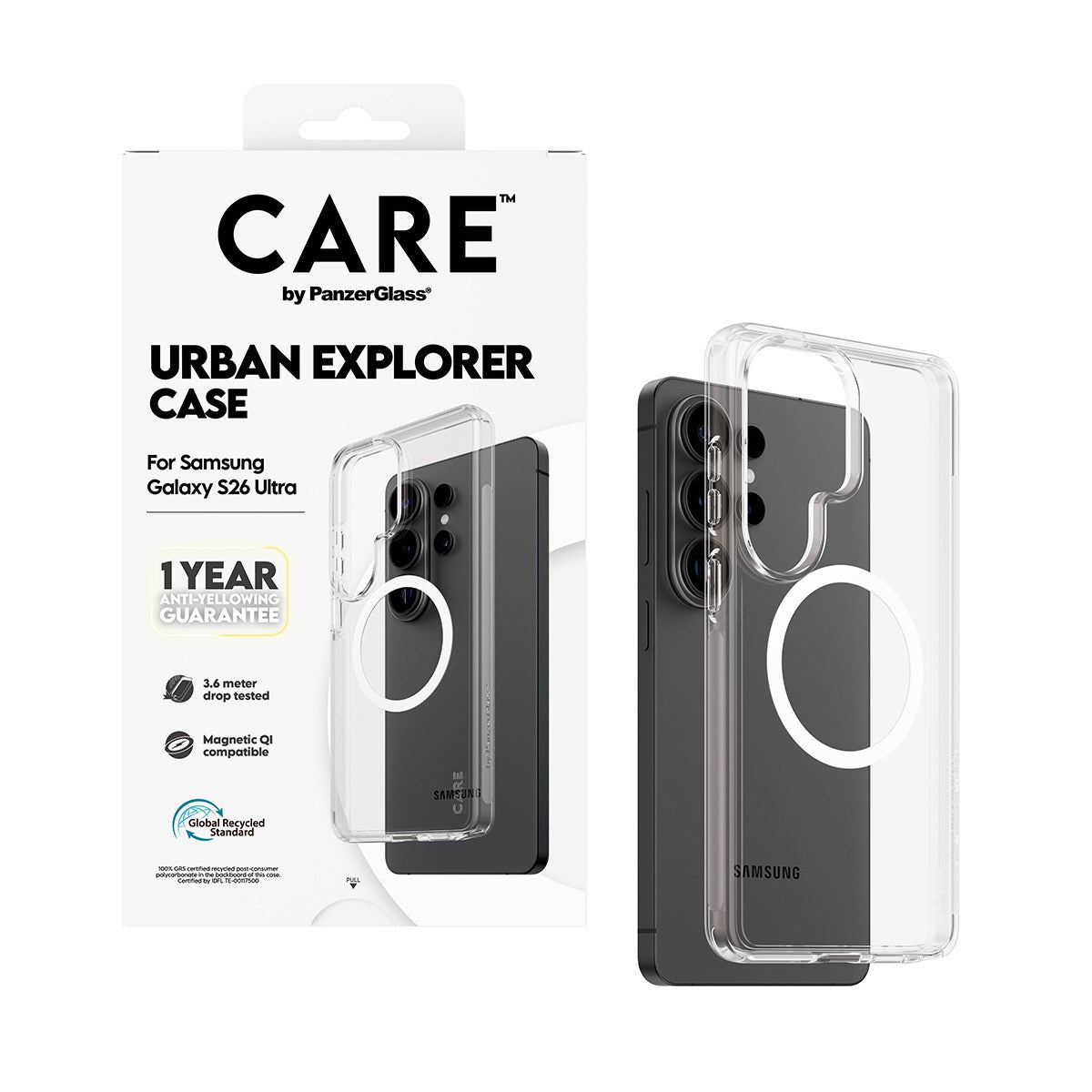 CARE™ by PanzerGlass® Urban Explorer Case Transparant m. Hvid Qi Samsung Galaxy S26 Ultra